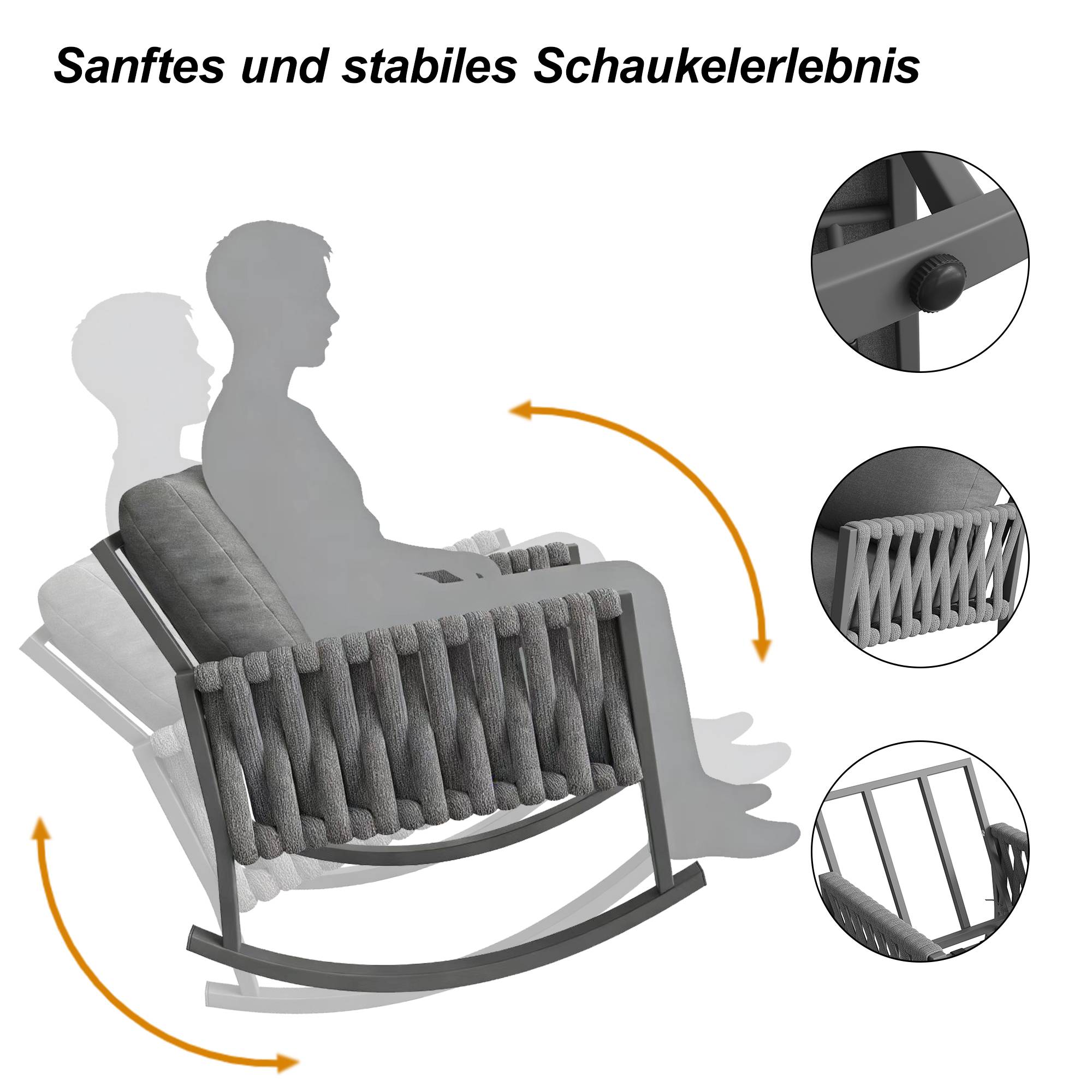 Fauteuil à bascule métal corde tressée jardin terrasse coussins déperlants 65x79x78cm gris - ComfortXL Outdoor Living - Image 5