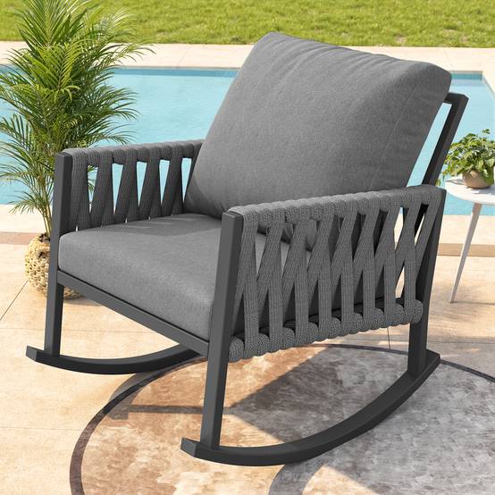 Fauteuil à bascule métal corde tressée jardin terrasse coussins déperlants 65x79x78cm gris - ComfortXL Outdoor Living - Image 9