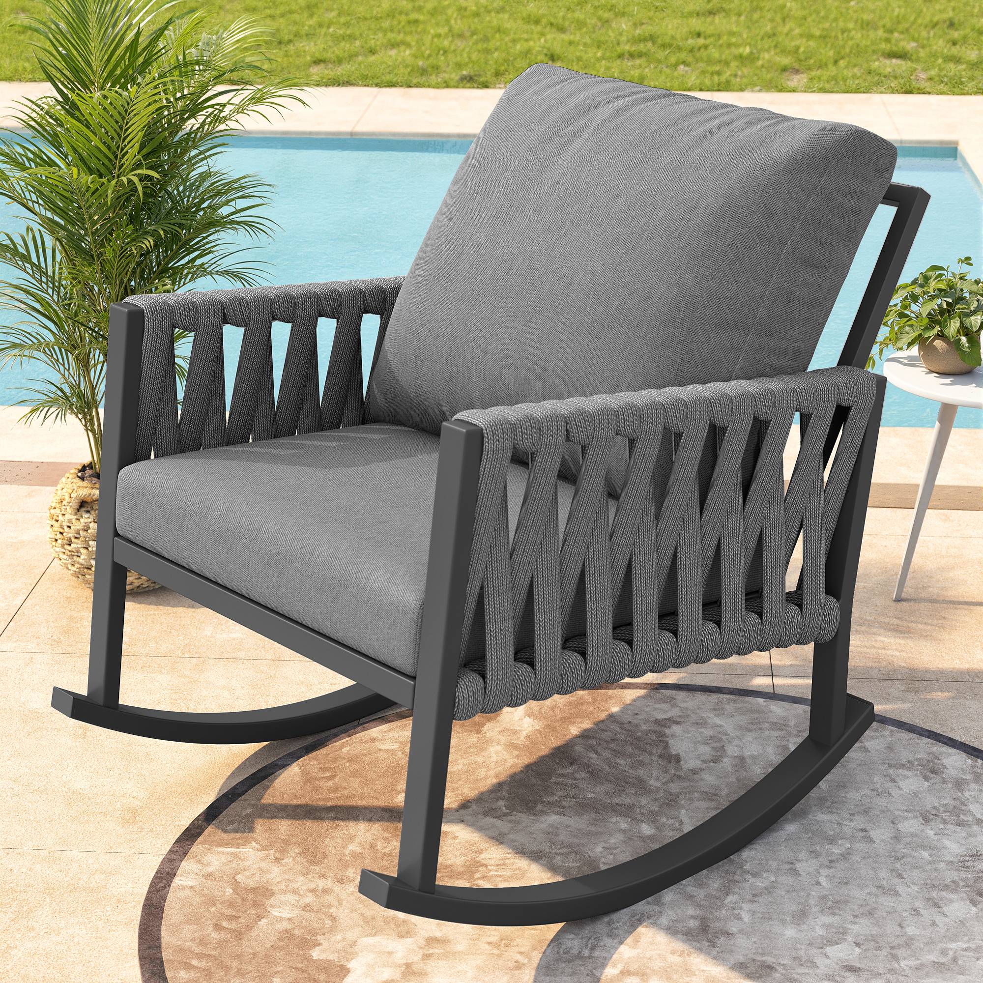 Fauteuil à bascule métal corde tressée jardin terrasse coussins déperlants 65x79x78cm gris - ComfortXL Outdoor Living - Image 9