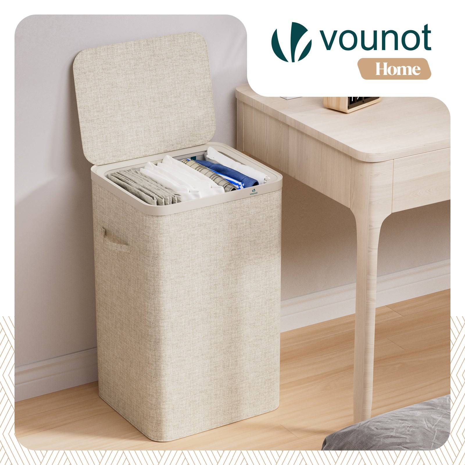 Vounot - Panier à linge 90L avec couvercle et sac amovible auto-ajustable - 1 compartiment - beige - VOUNOT® - Image 2