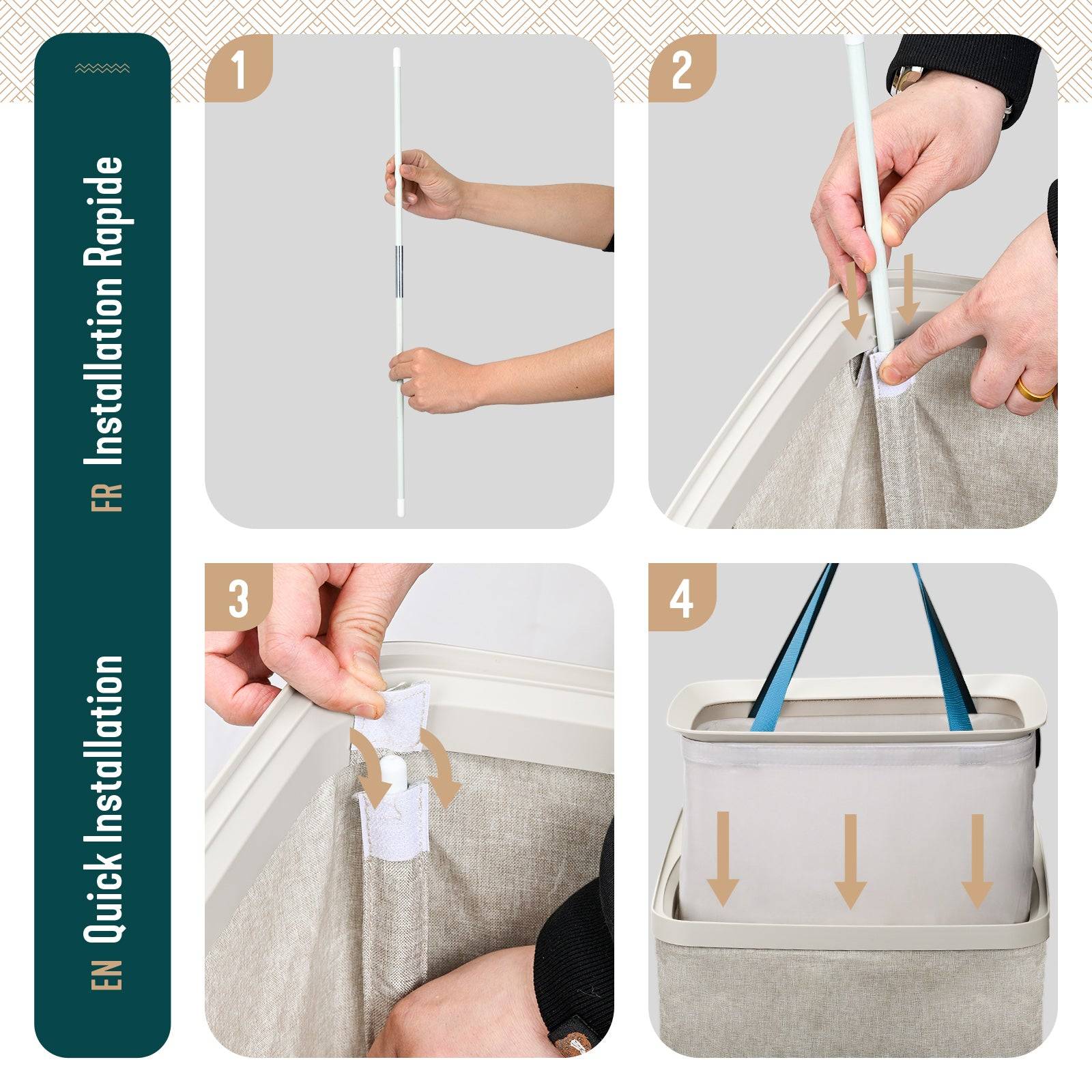 Vounot - Panier à linge 90L avec couvercle et sac amovible auto-ajustable - 1 compartiment - beige - VOUNOT® - Image 7
