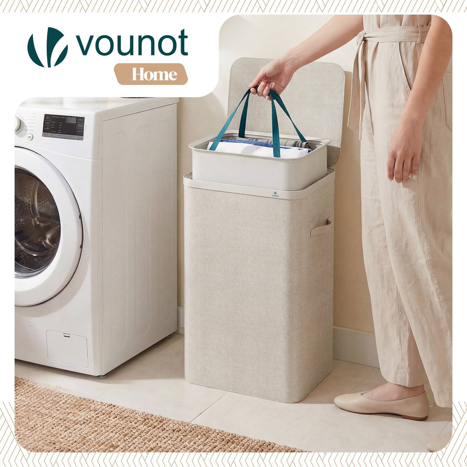 Vounot - Panier à linge 90L avec couvercle et sac amovible auto-ajustable - 1 compartiment - beige - VOUNOT® - Image 5