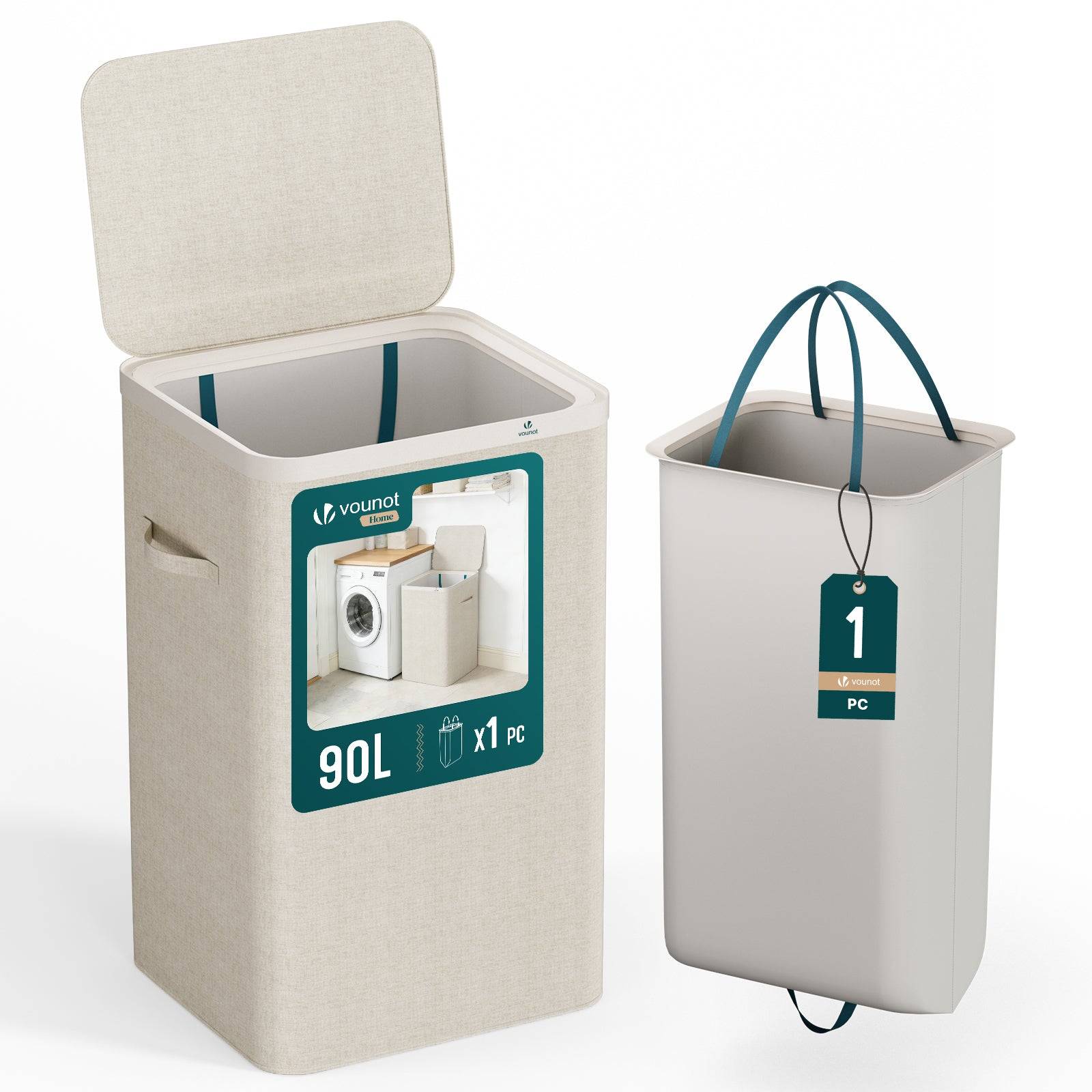 Vounot - Panier à linge 90L avec couvercle et sac amovible auto-ajustable - 1 compartiment - beige - VOUNOT® - Image 1