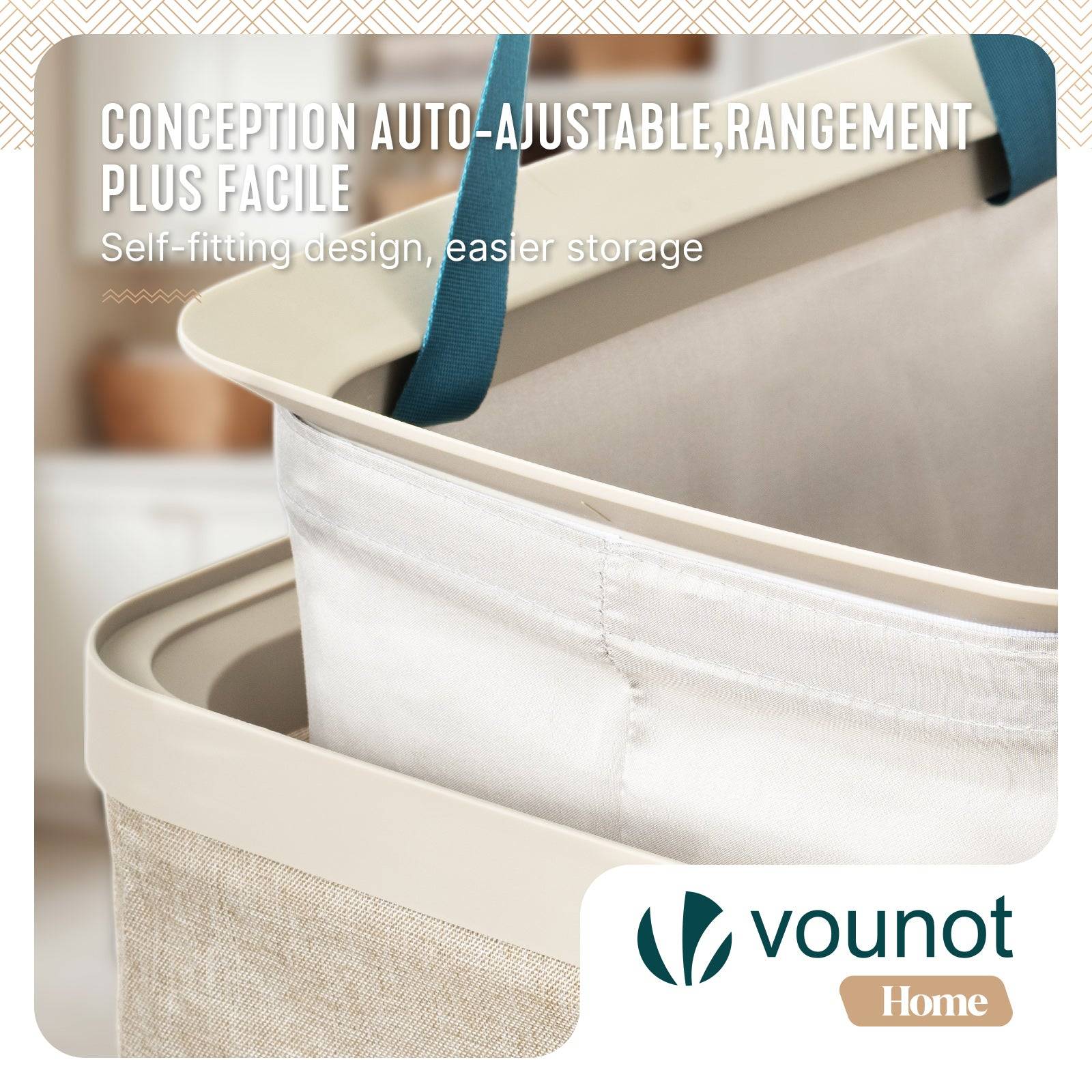 Vounot - Panier à linge 90L avec couvercle et sac amovible auto-ajustable - 1 compartiment - beige - VOUNOT® - Image 4
