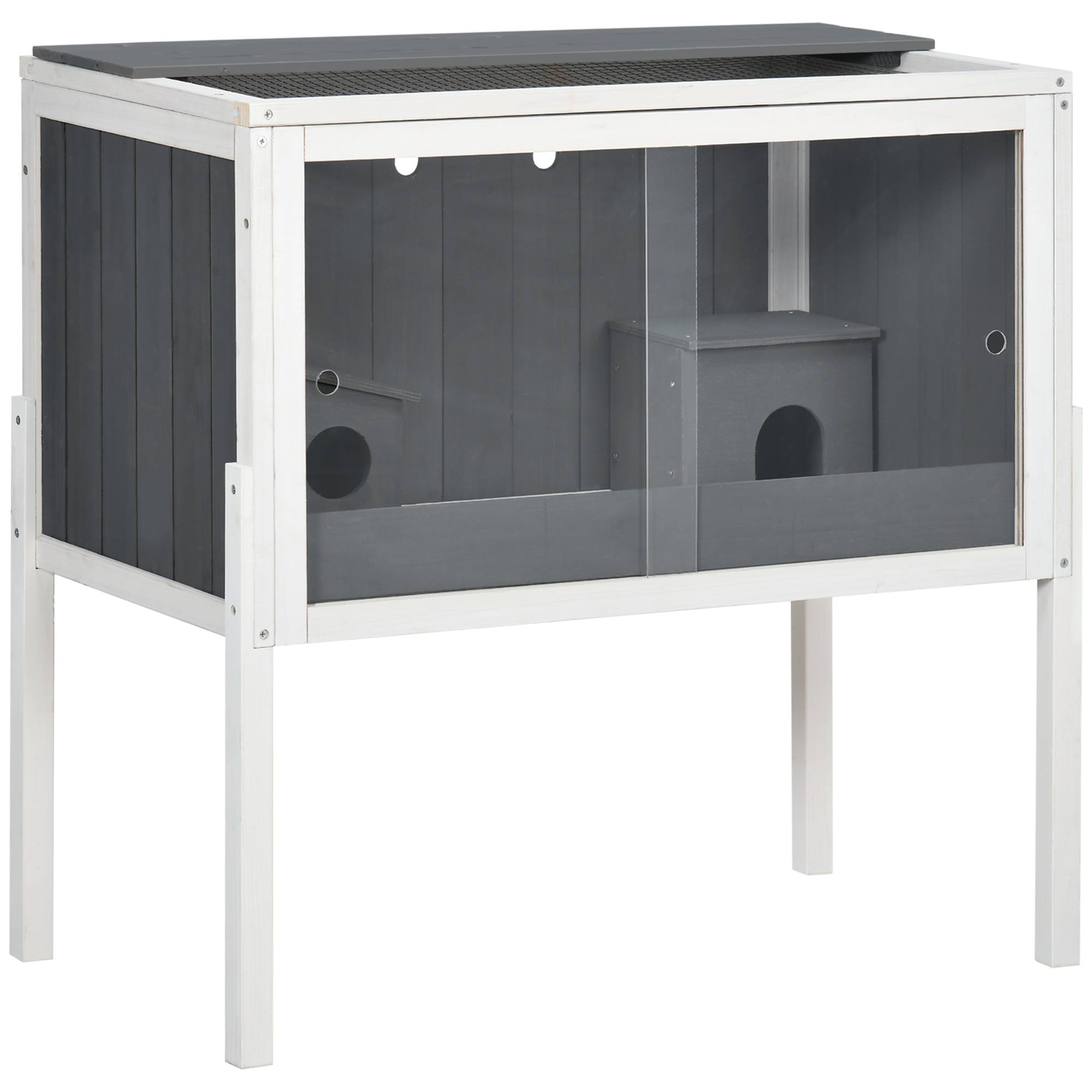Cage Hamster Bois Sapin Rongeur avec Étagère Rangement 2 Niches 82cm Gris - ComfortXL Pet Living - Image 2