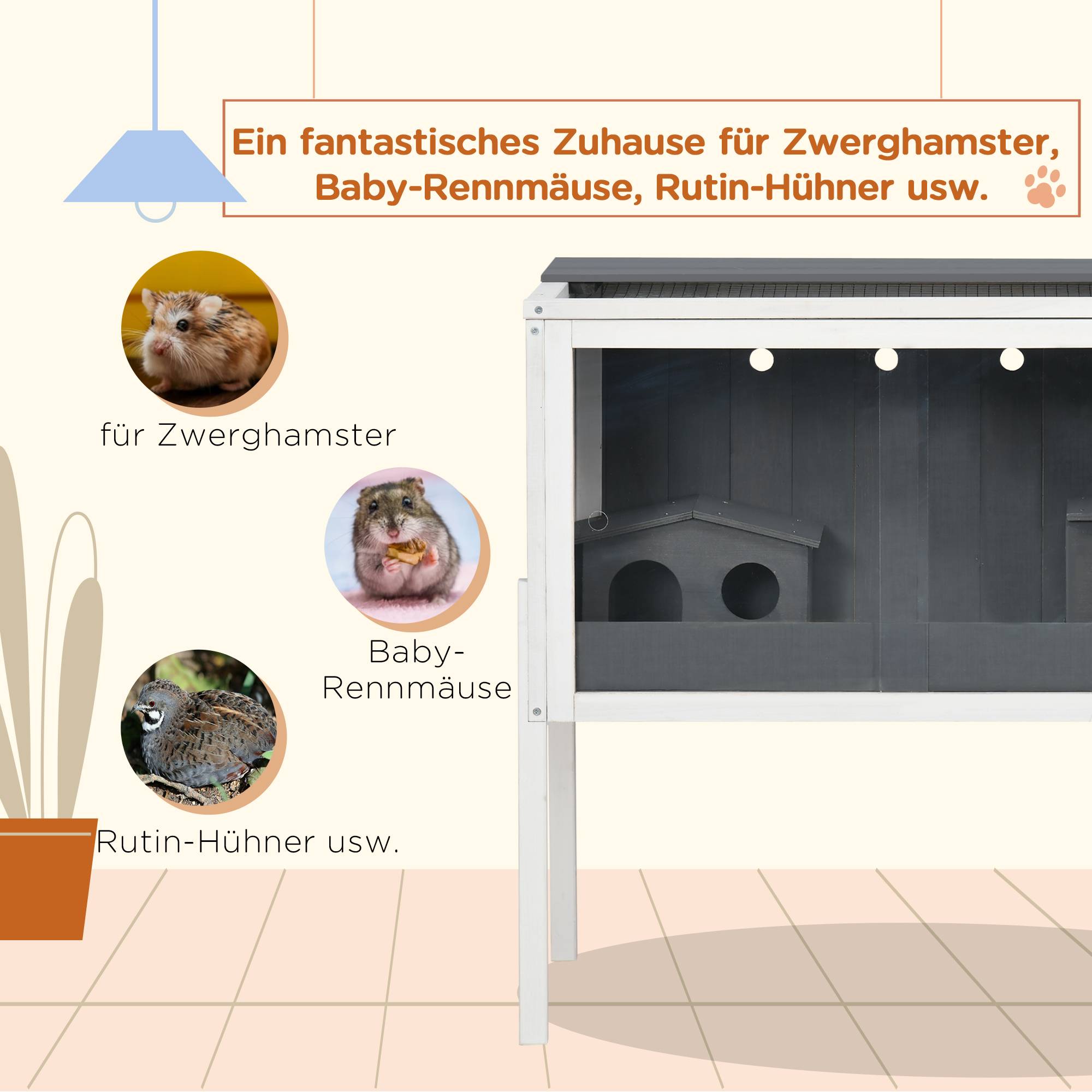 Cage Hamster Bois Sapin Rongeur avec Étagère Rangement 2 Niches 82cm Gris - ComfortXL Pet Living - Image 4