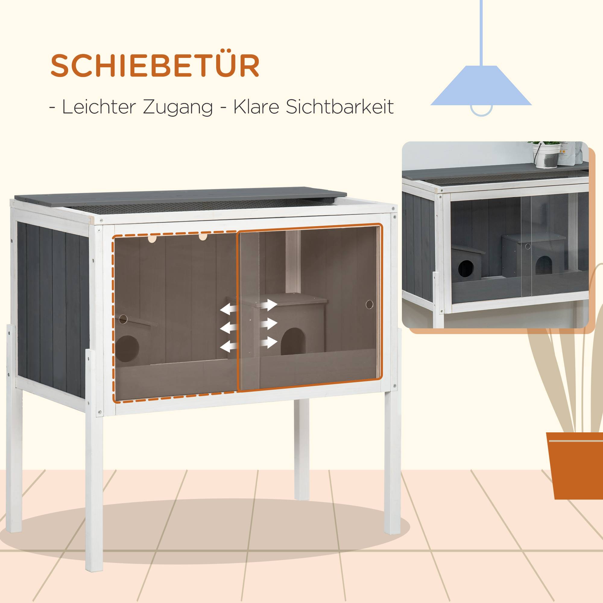 Cage Hamster Bois Sapin Rongeur avec Étagère Rangement 2 Niches 82cm Gris - ComfortXL Pet Living - Image 5