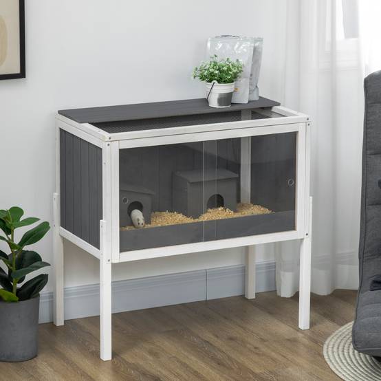 Cage Hamster Bois Sapin Rongeur avec Étagère Rangement 2 Niches 82cm Gris - ComfortXL Pet Living - Image 1