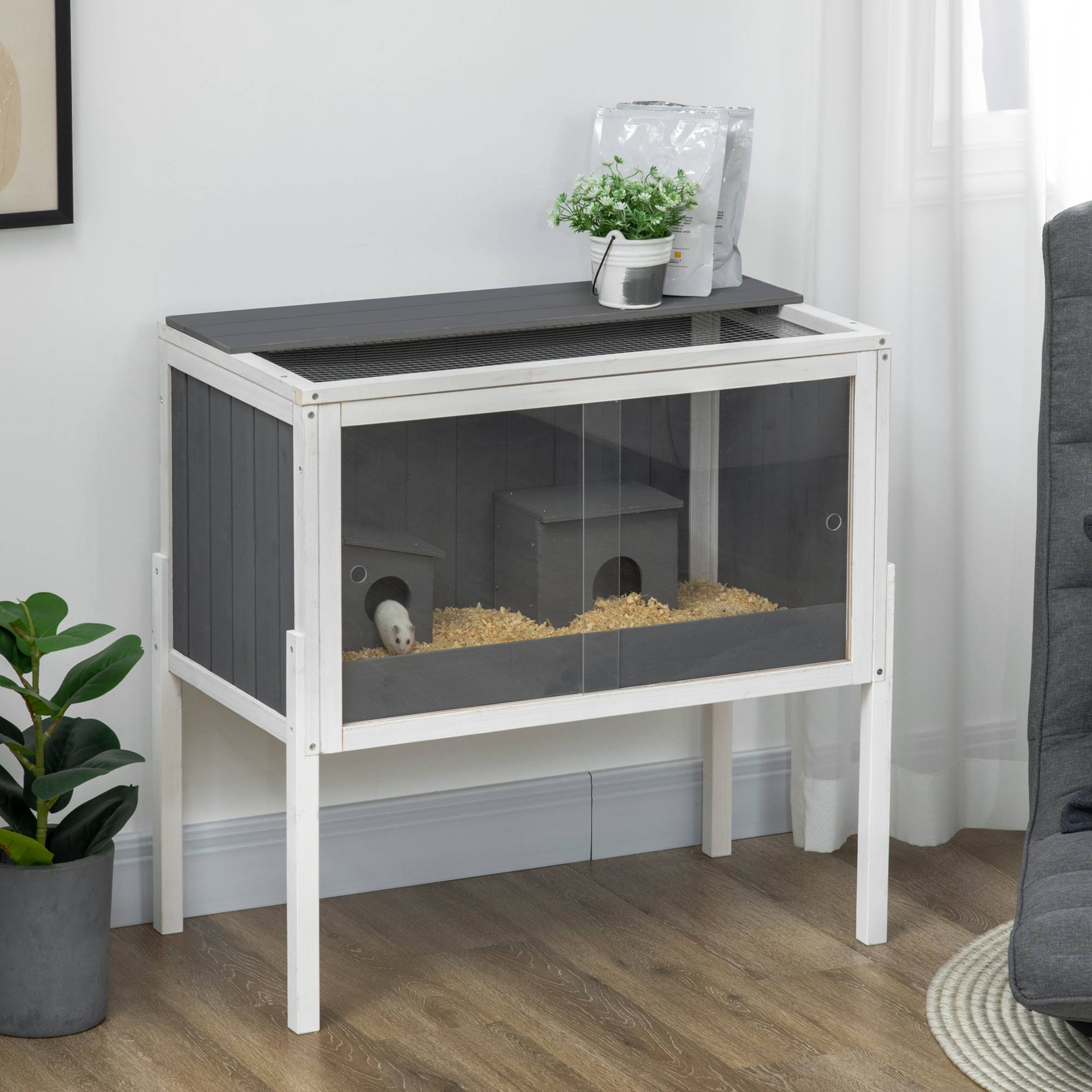 Cage Hamster Bois Sapin Rongeur avec Étagère Rangement 2 Niches 82cm Gris - ComfortXL Pet Living - Image 1