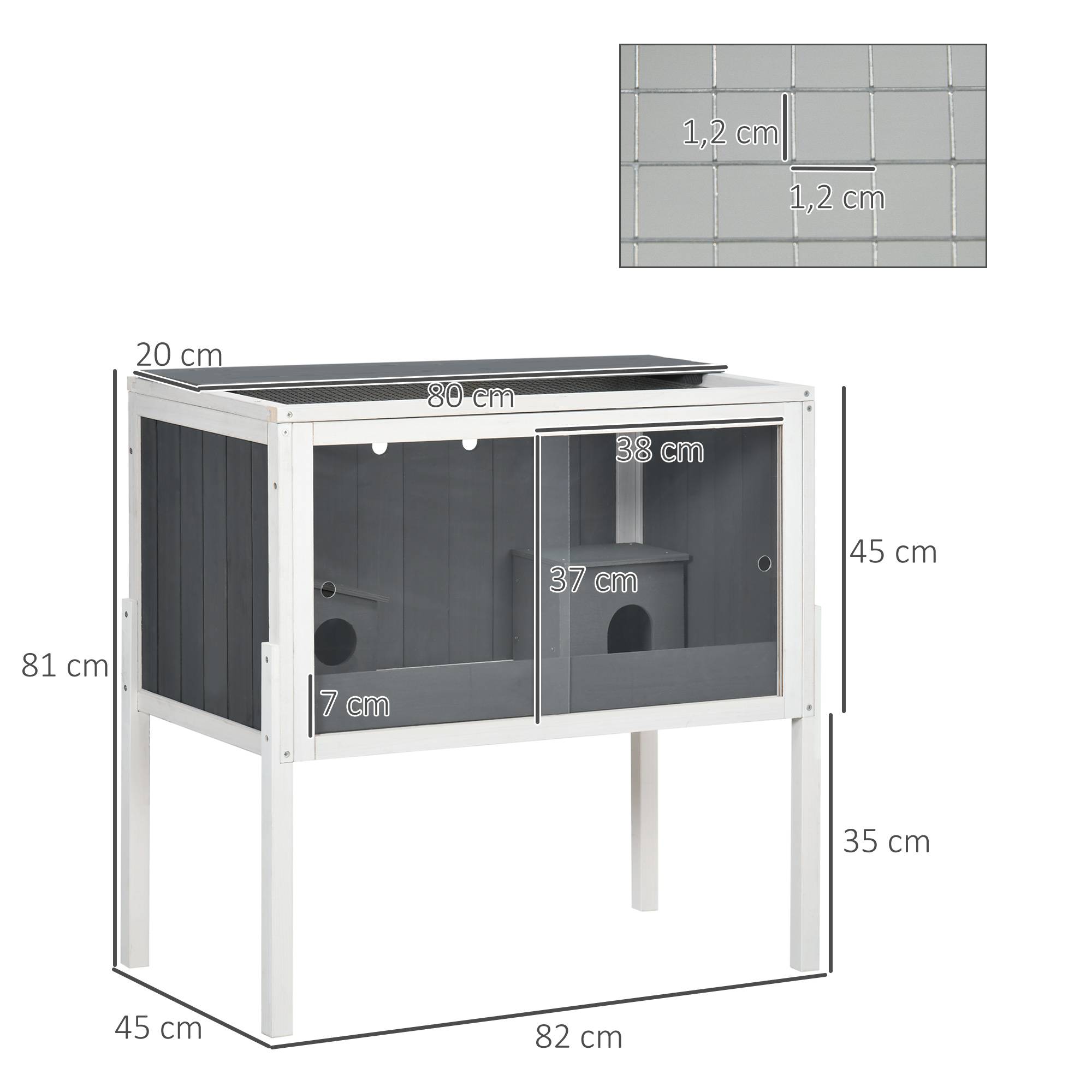 Cage Hamster Bois Sapin Rongeur avec Étagère Rangement 2 Niches 82cm Gris - ComfortXL Pet Living - Image 3