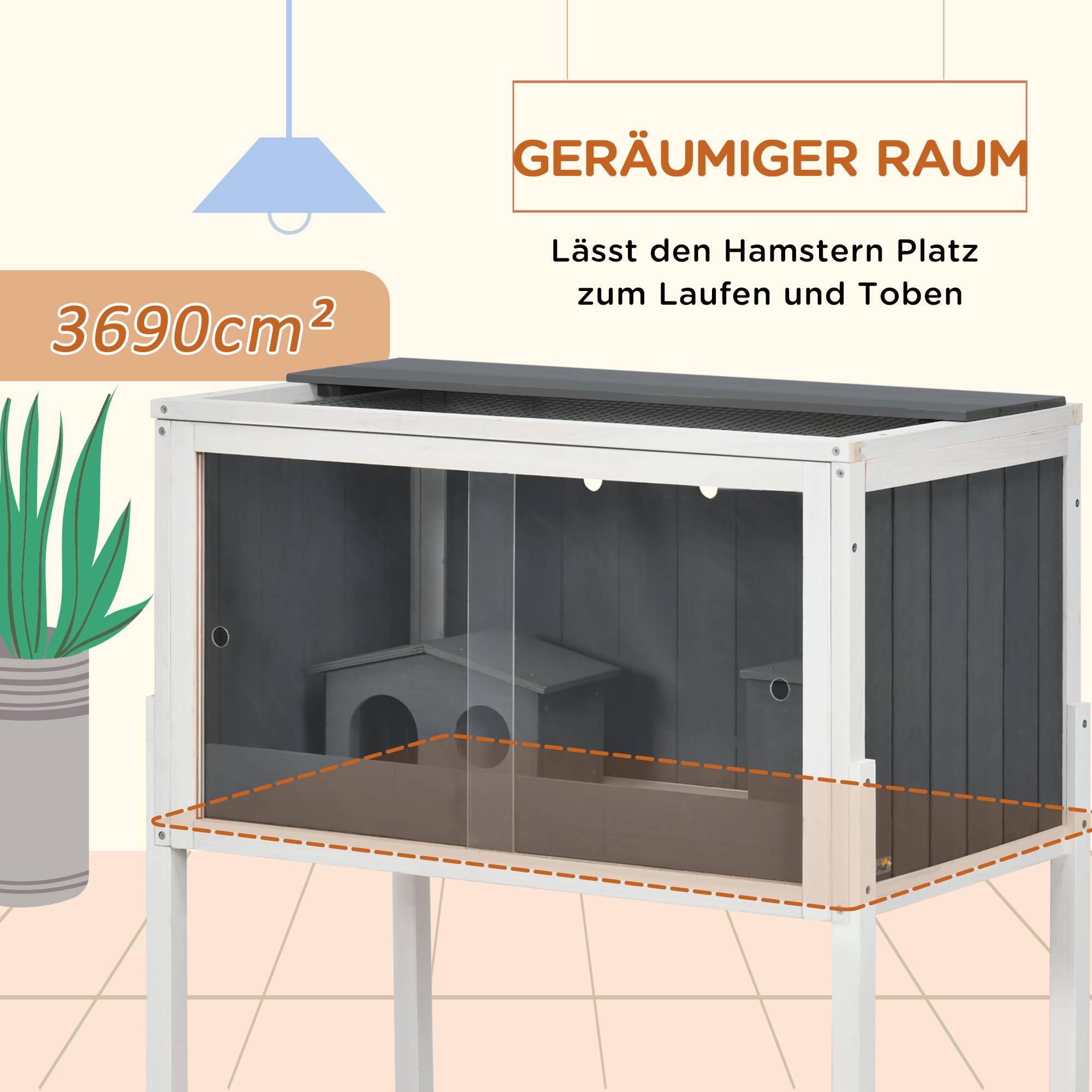 Cage Hamster Bois Sapin Rongeur avec Étagère Rangement 2 Niches 82cm Gris - ComfortXL Pet Living - Image 7