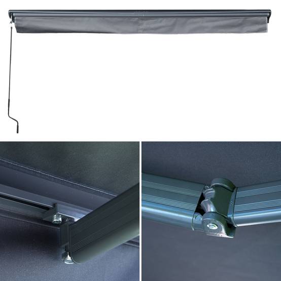 Store banne SAULE 3,95 × 3m avec semi-coffre - Toile anthracite et structure grise - HAPPY GARDEN - Image 3
