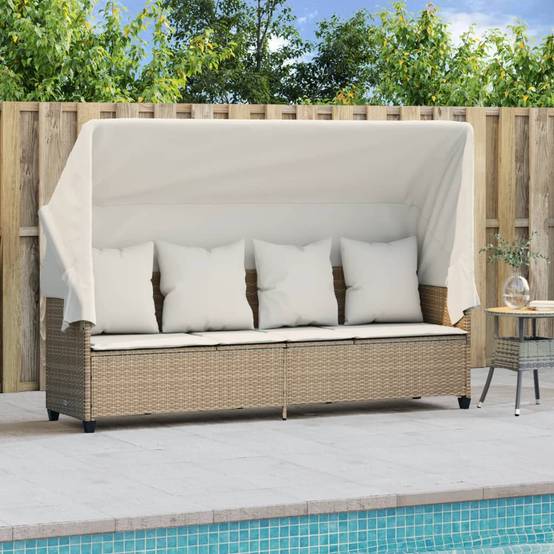 Chaise longue | Transat | Bain de soleil avec auvent et coussins beige résine tressée - Image 3