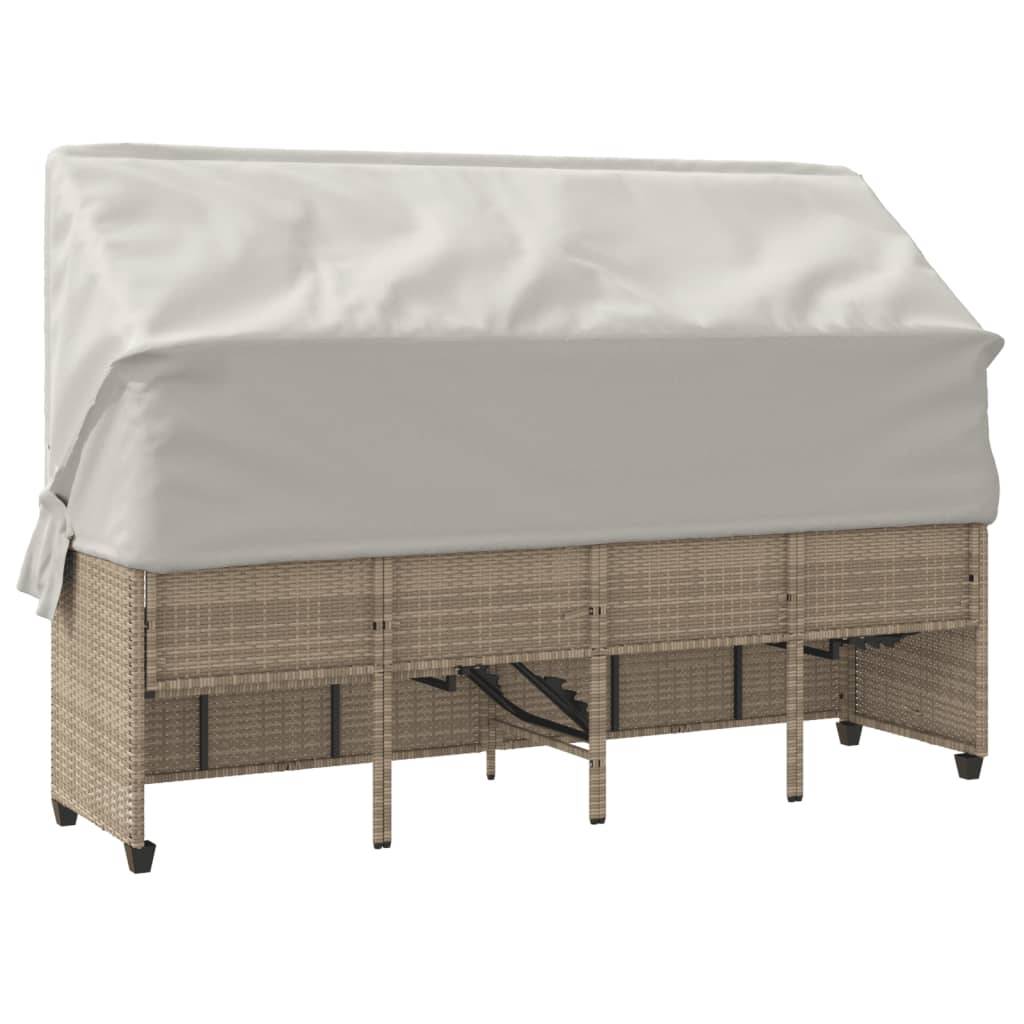 Chaise longue | Transat | Bain de soleil avec auvent et coussins beige résine tressée - Image 8