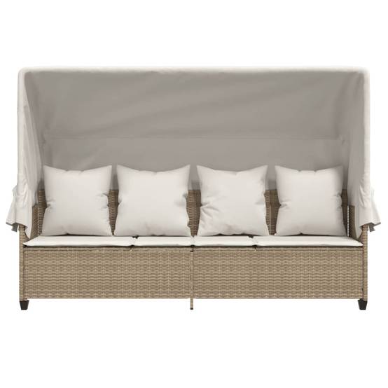 Chaise longue | Transat | Bain de soleil avec auvent et coussins beige résine tressée - Image 6