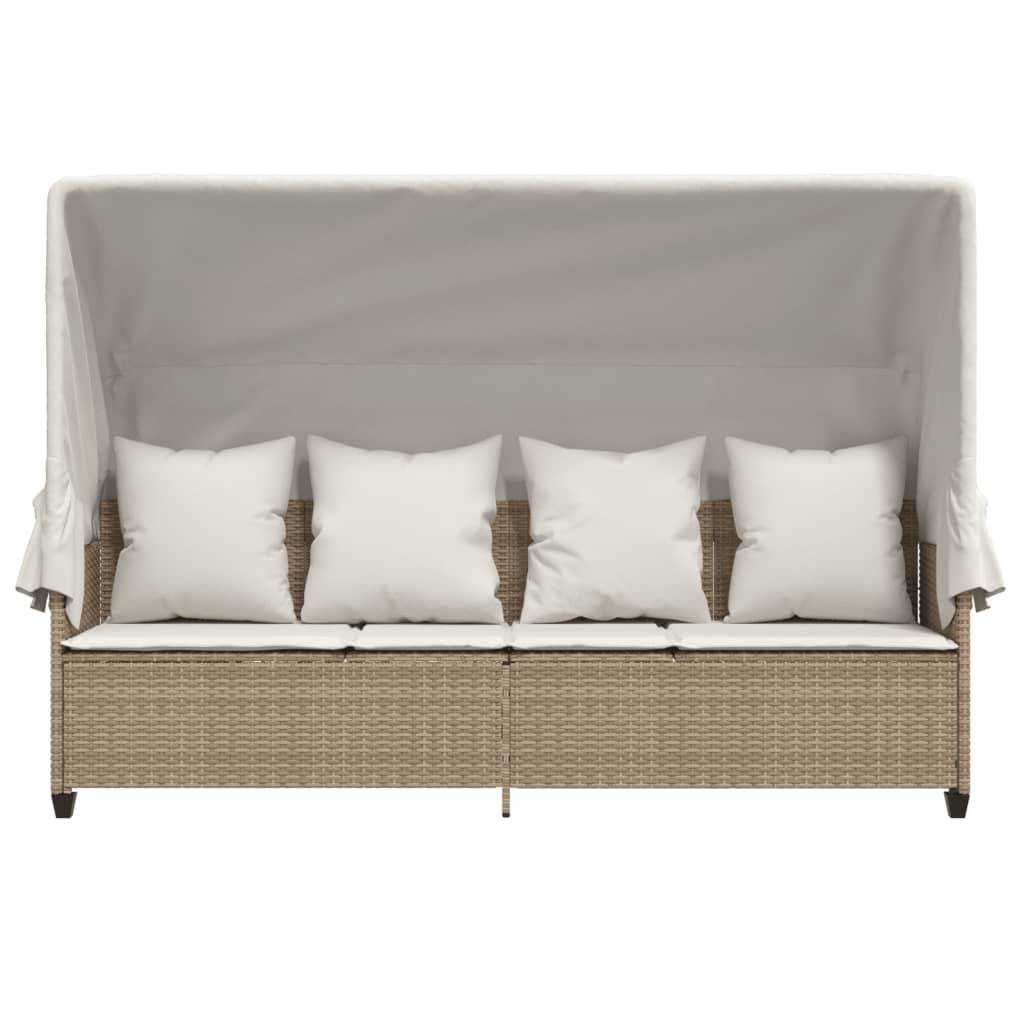 Chaise longue | Transat | Bain de soleil avec auvent et coussins beige résine tressée - Image 6