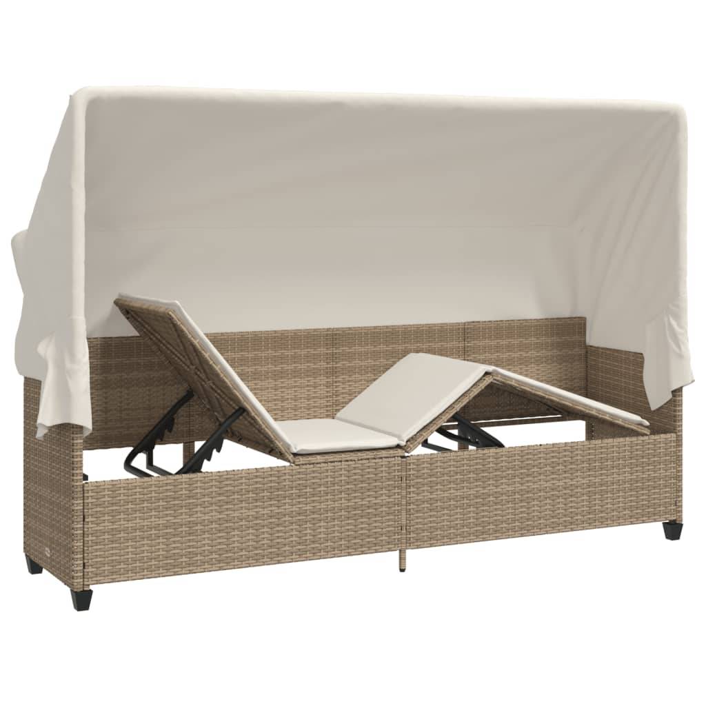 Chaise longue | Transat | Bain de soleil avec auvent et coussins beige résine tressée - Image 5