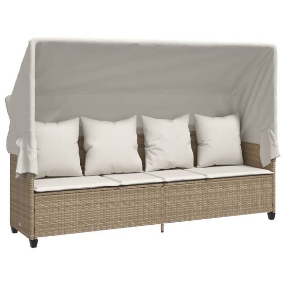 Chaise longue | Transat | Bain de soleil avec auvent et coussins beige résine tressée - Image 1