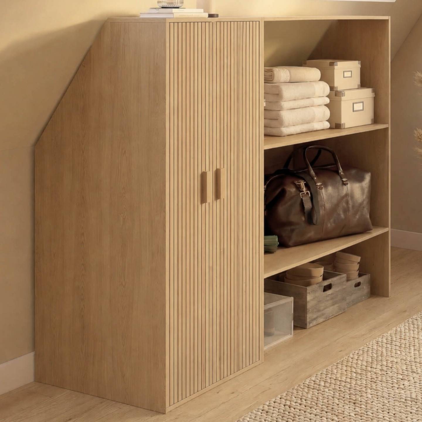 IDMARKET - Armoire sous pente 2 portes JULIETTE  60 x 50 x 70/110 cm effet lattes tasseau bois coloris chêne - Image 3