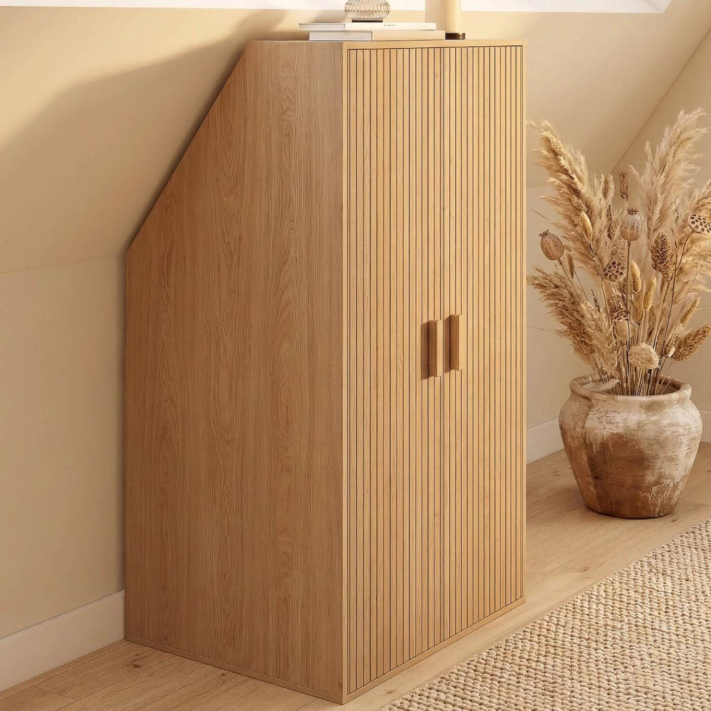 IDMARKET - Armoire sous pente 2 portes JULIETTE 60 x 50 x 70/110 cm effet lattes tasseau bois coloris chêne - Image 1