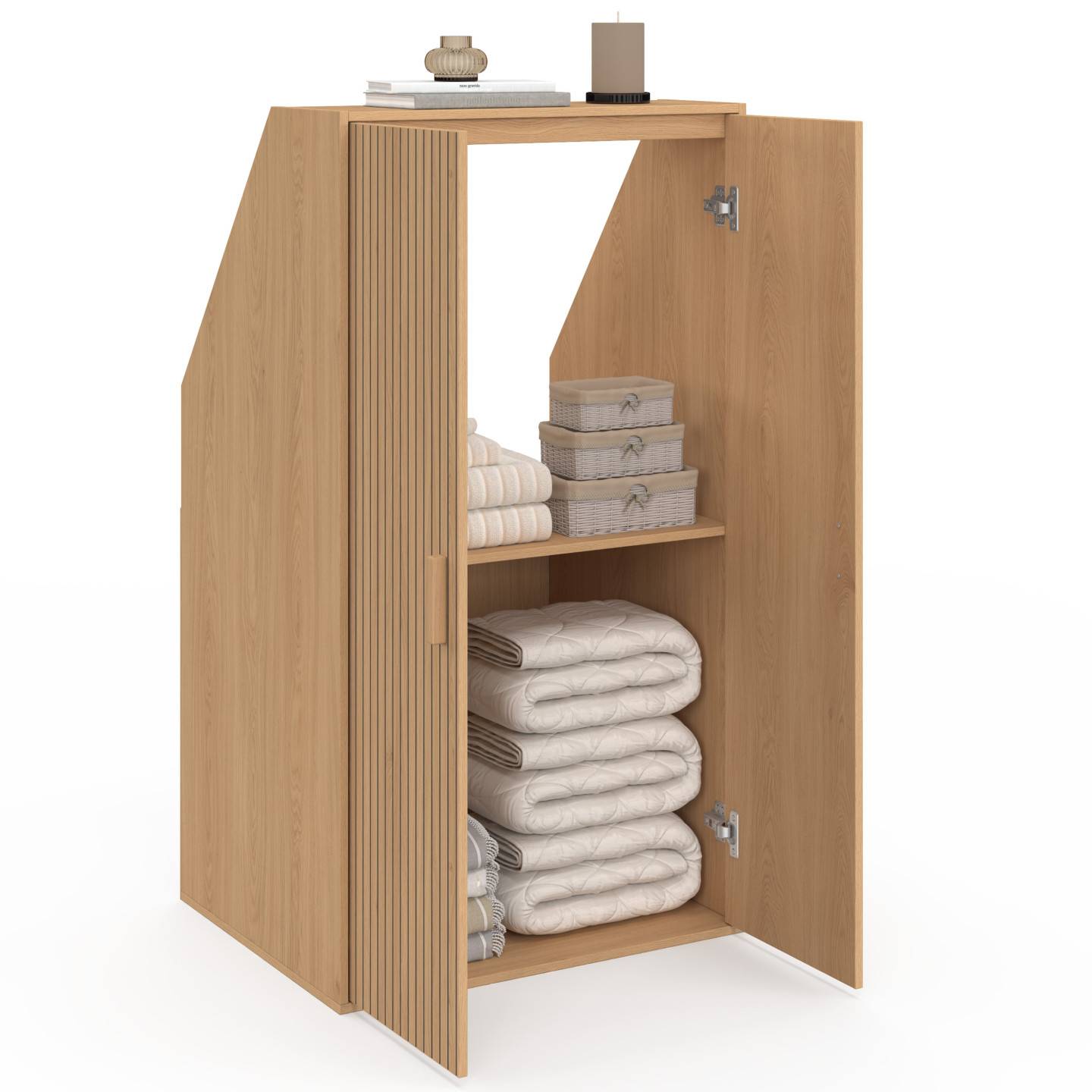 IDMARKET - Armoire sous pente 2 portes JULIETTE 60 x 50 x 70/110 cm effet lattes tasseau bois coloris chêne - Image 4