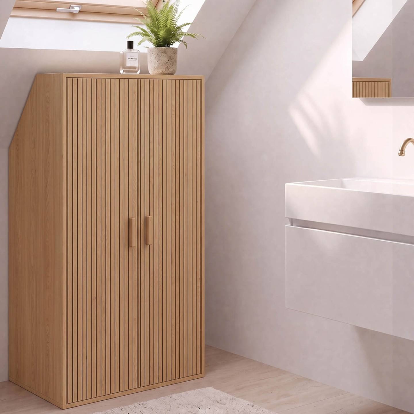 IDMARKET - Armoire sous pente 2 portes JULIETTE  60 x 50 x 70/110 cm effet lattes tasseau bois coloris chêne - Image 8