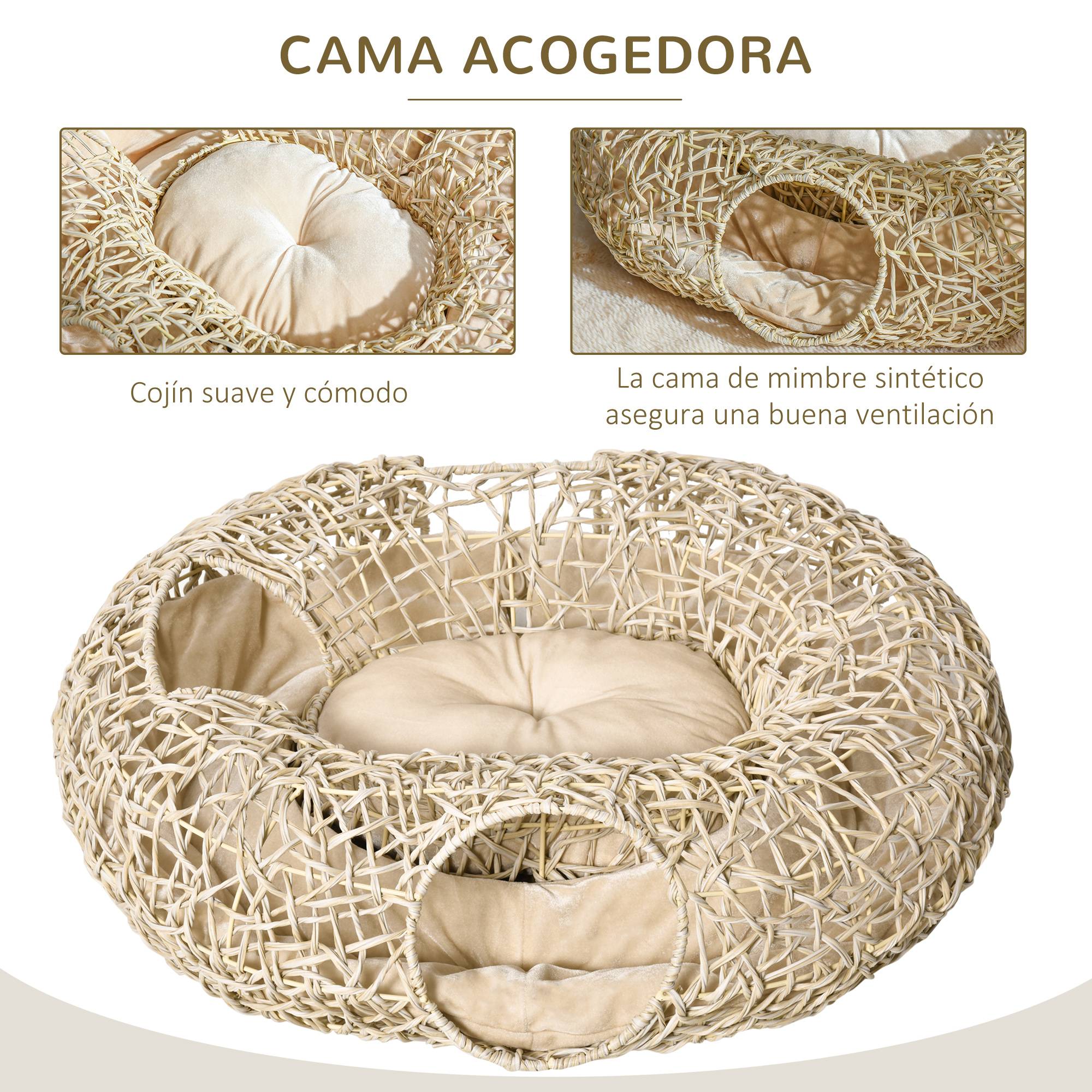 Panier pour chat en rotin 78 x 69 x 22 cm, panier pour chat dodu avec coussin moelleux, 3 ouvertures, tunnel pour chat, bois naturel - Image 7