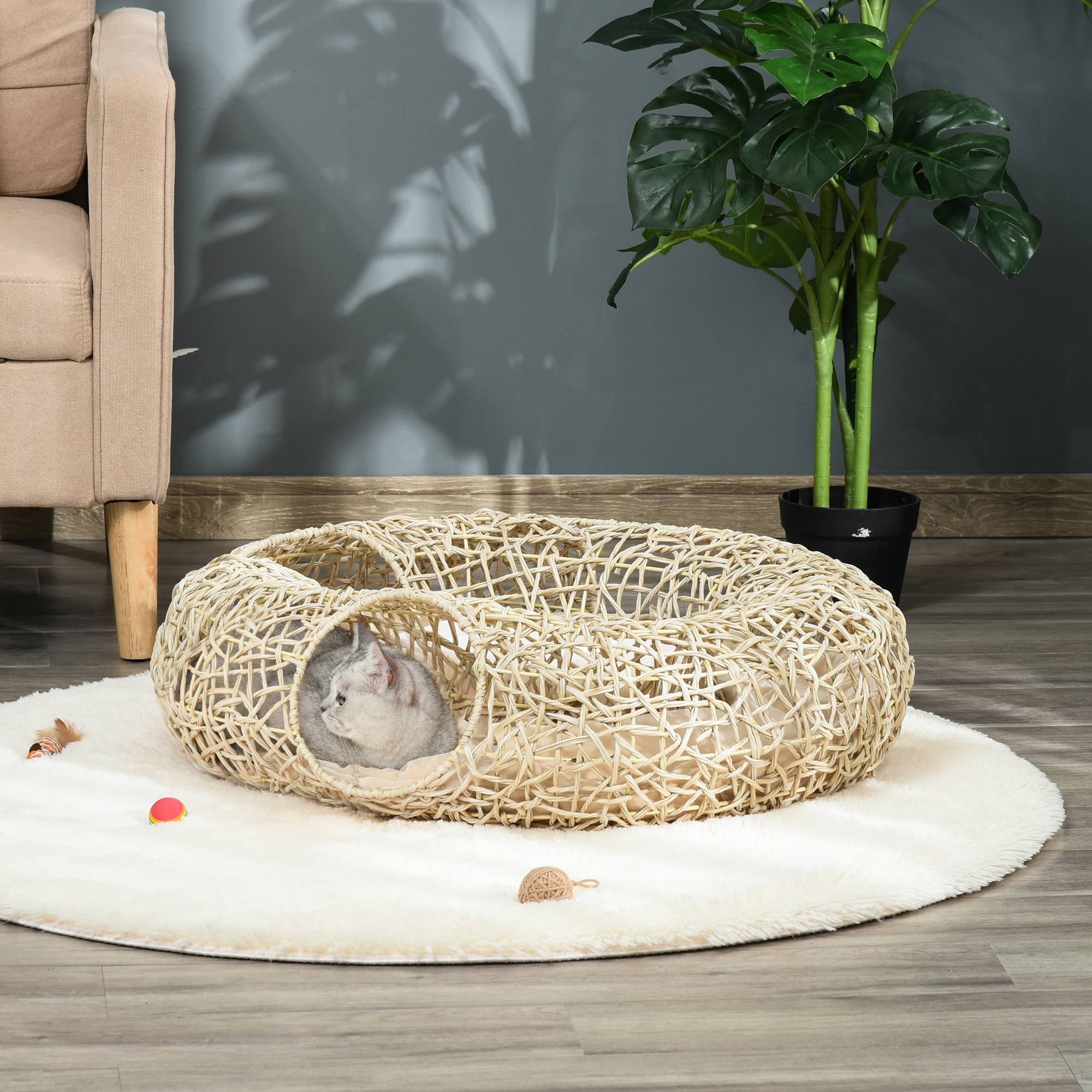 Panier pour chat en rotin 78 x 69 x 22 cm, panier pour chat dodu avec coussin moelleux, 3 ouvertures, tunnel pour chat, bois naturel - Image 3