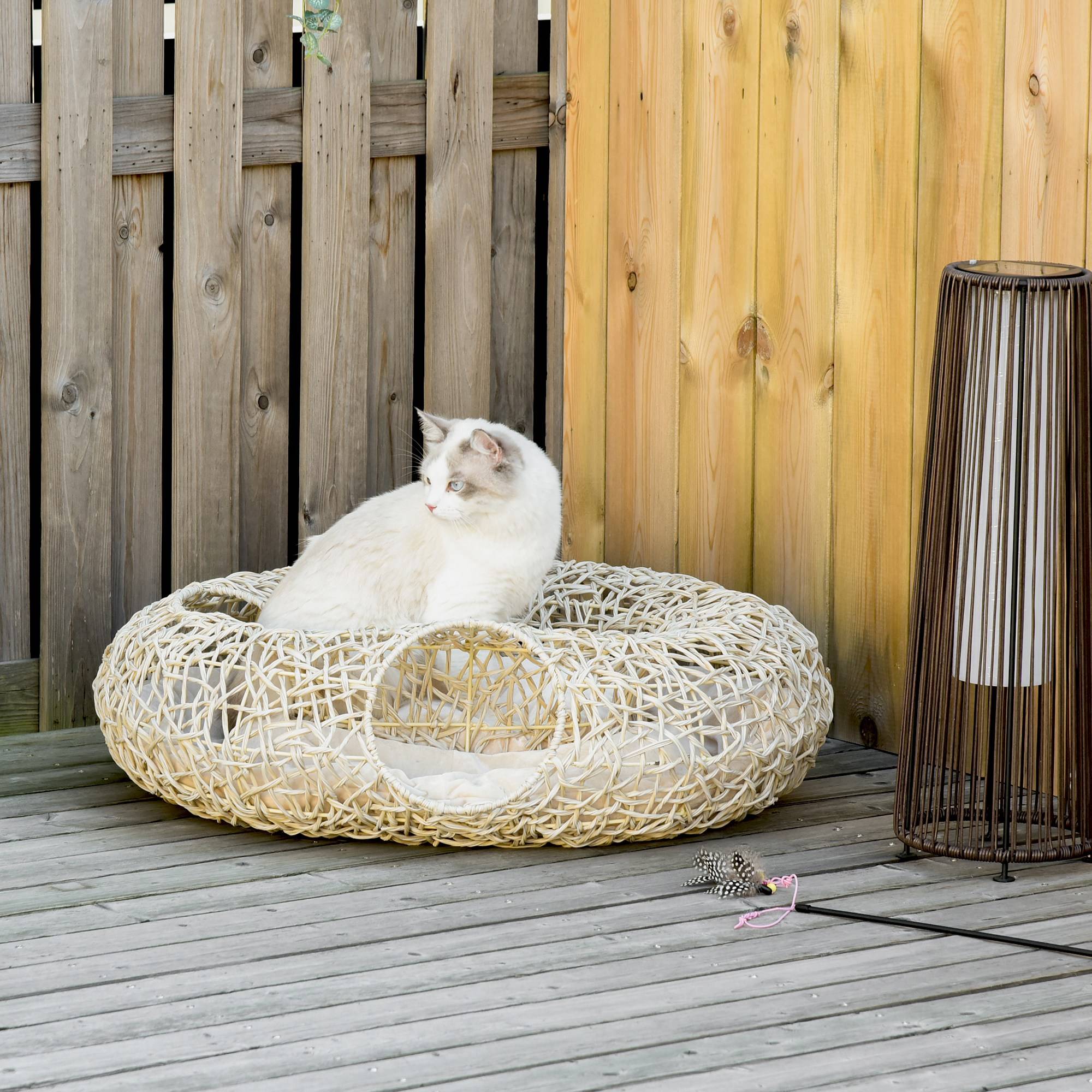 Panier pour chat en rotin 78 x 69 x 22 cm, panier pour chat dodu avec coussin moelleux, 3 ouvertures, tunnel pour chat, bois naturel - Image 4