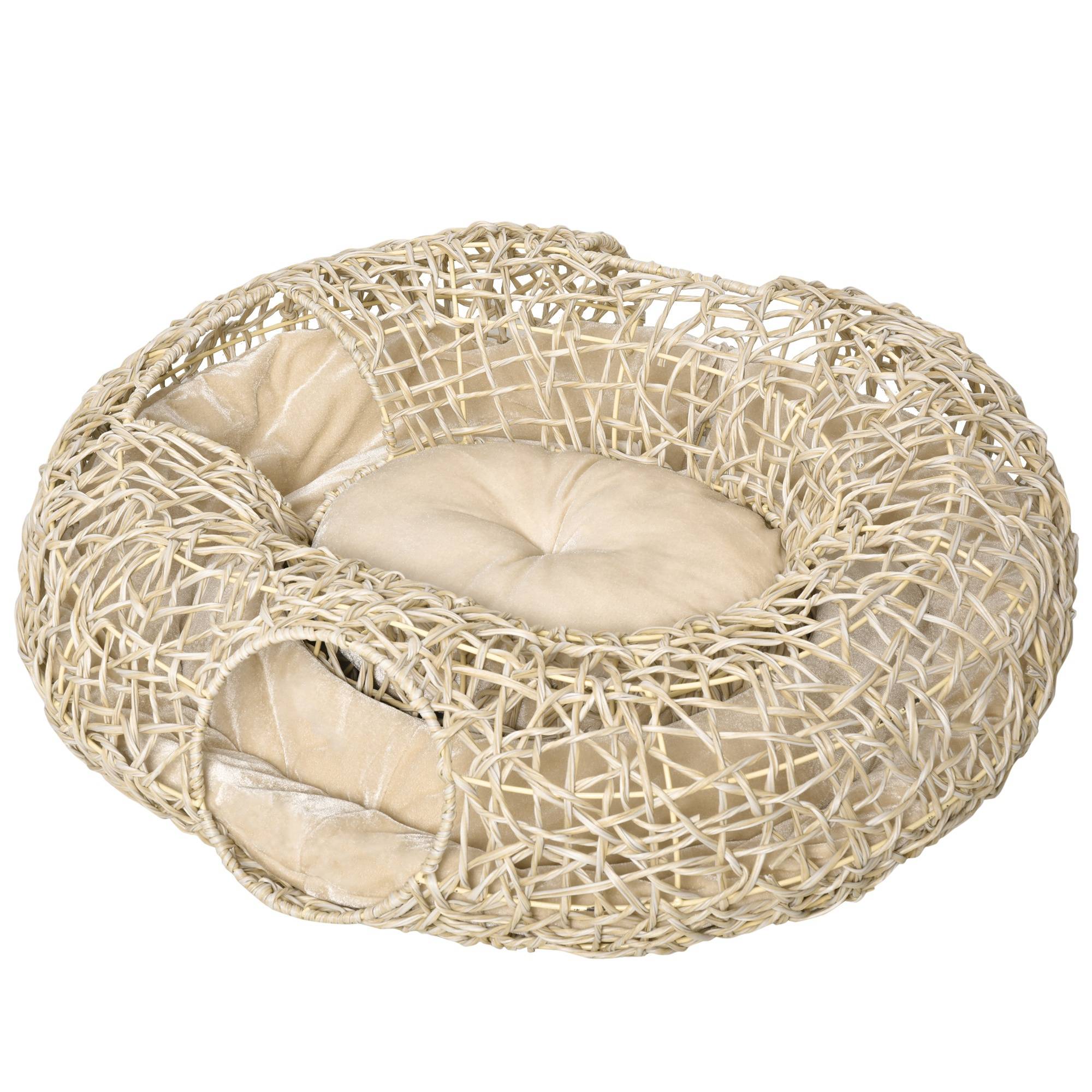 Panier pour chat en rotin 78 x 69 x 22 cm, panier pour chat dodu avec coussin moelleux, 3 ouvertures, tunnel pour chat, bois naturel - Image 1