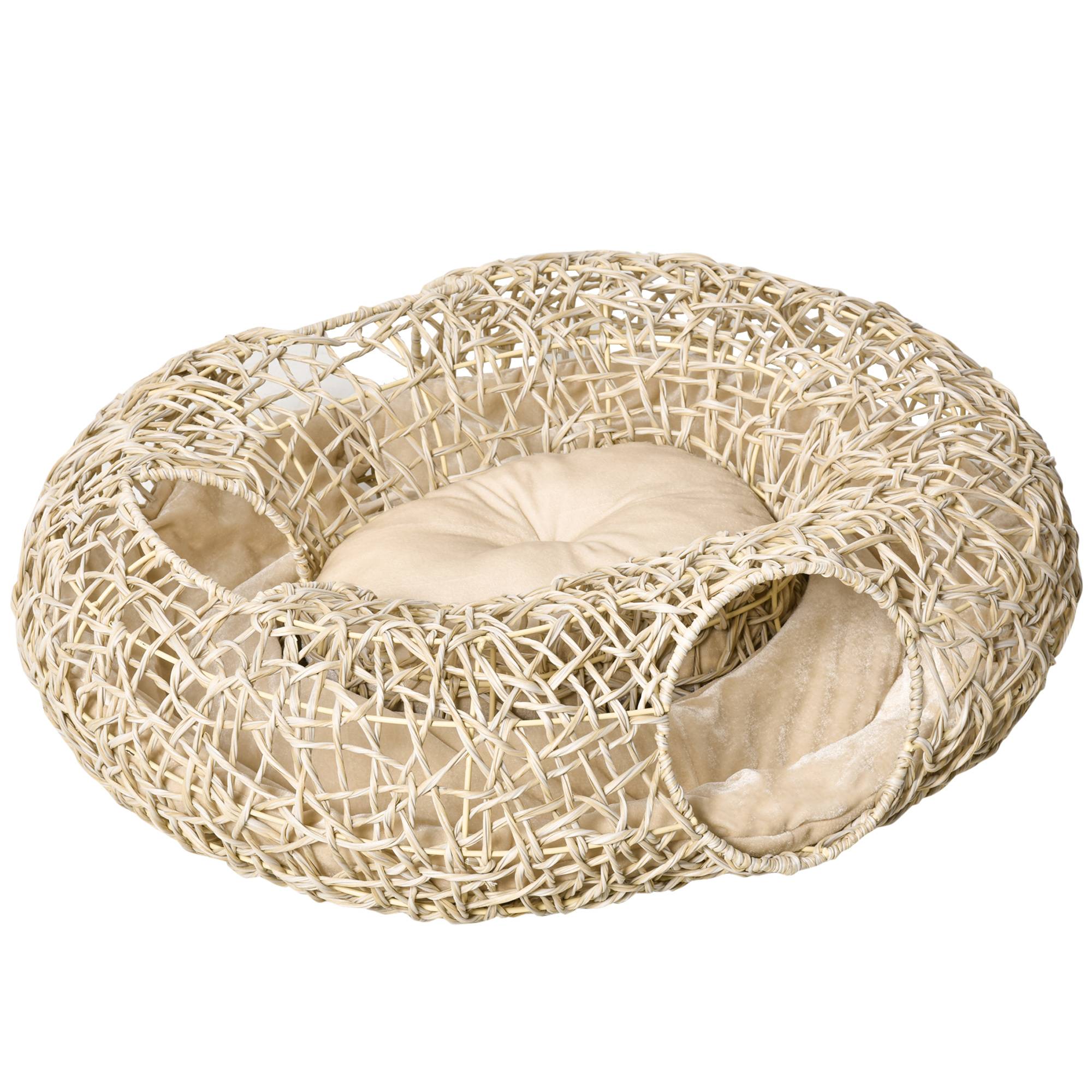 Panier pour chat en rotin 78 x 69 x 22 cm, panier pour chat dodu avec coussin moelleux, 3 ouvertures, tunnel pour chat, bois naturel - Image 2