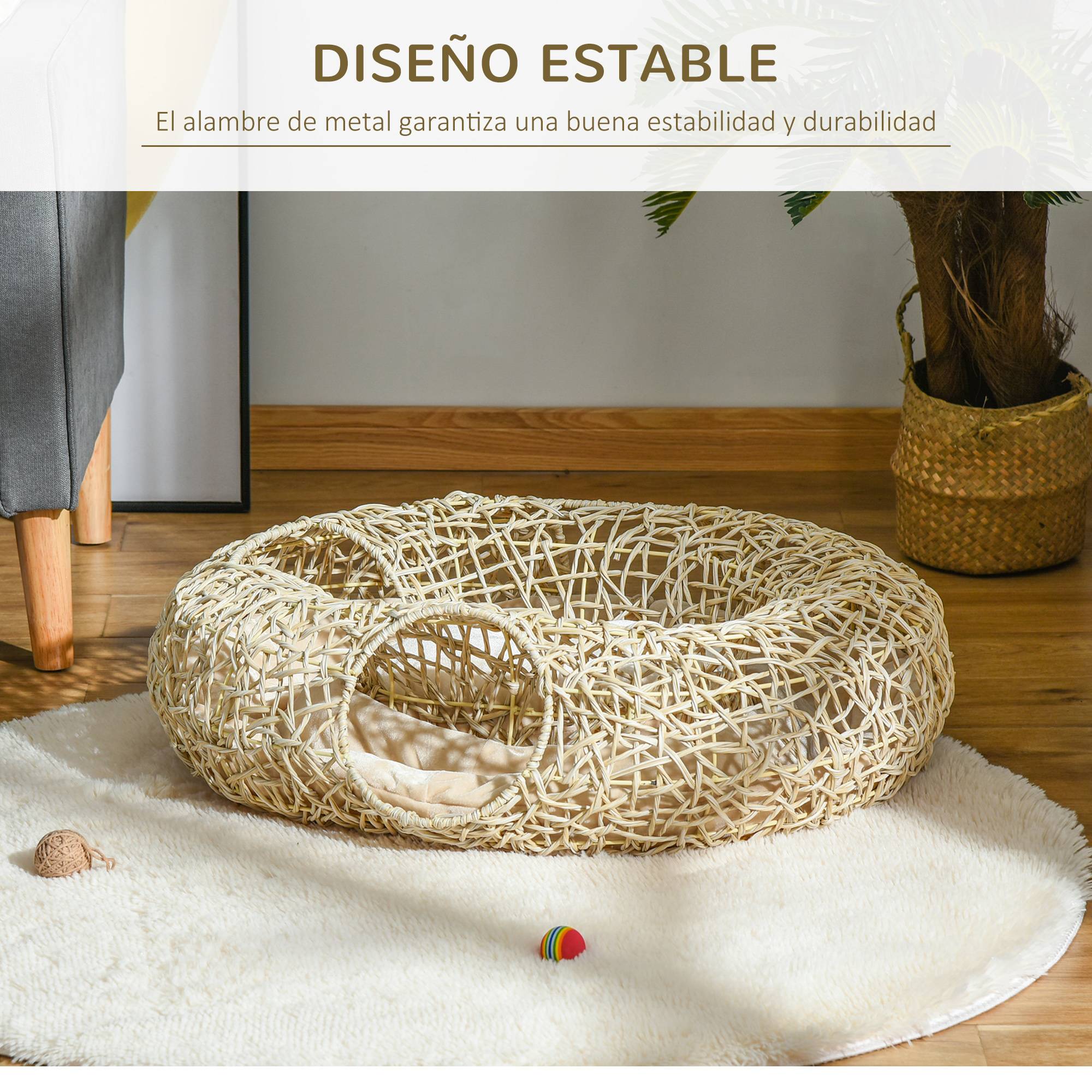 Panier pour chat en rotin 78 x 69 x 22 cm, panier pour chat dodu avec coussin moelleux, 3 ouvertures, tunnel pour chat, bois naturel - Image 6