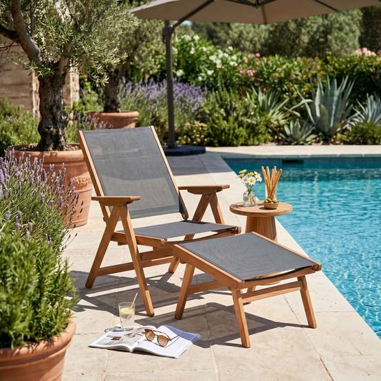 Oviala - Fauteuil relax en bois d'eucalyptus avec repose-pieds gris Sisco - Oviala - Image 2