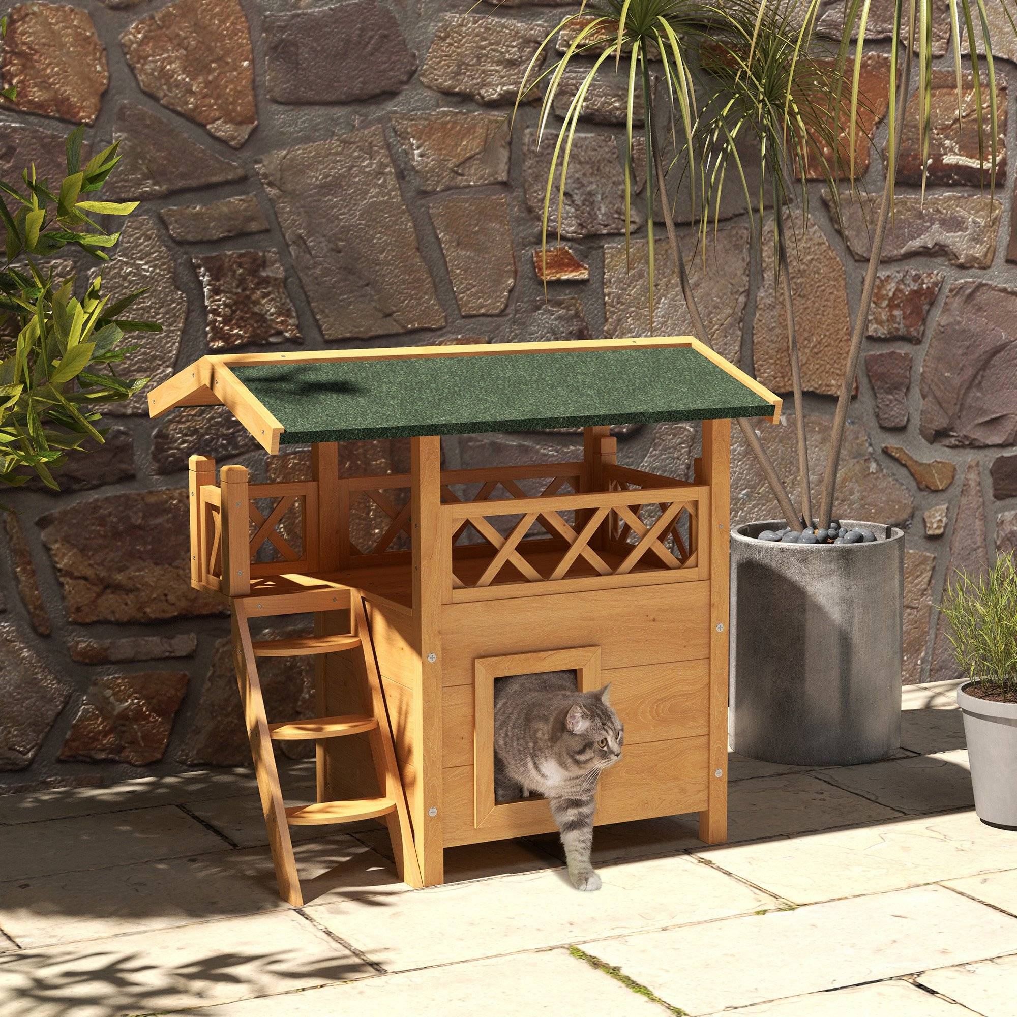Sans Marque - Cabane Chat Extérieur avec Terrasse, Escalier, Toit, Niche Villa, 77 x 50 x 73 cm Bois Naturel et Vert - Image 4