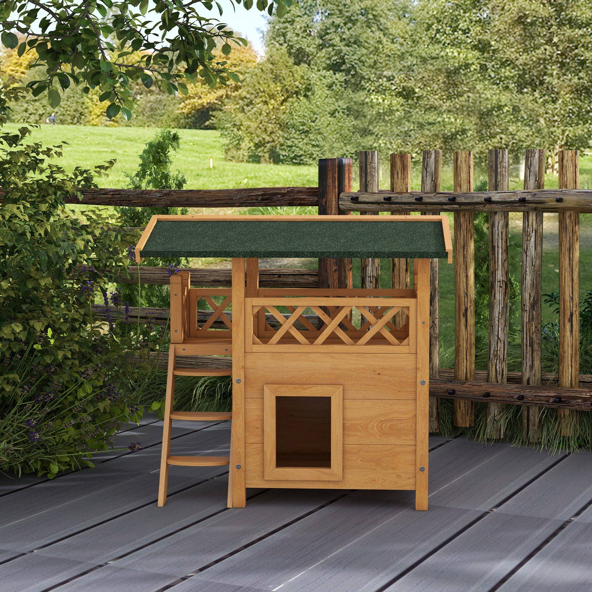 Sans Marque - Cabane Chat Extérieur avec Terrasse, Escalier, Toit, Niche Villa, 77 x 50 x 73 cm Bois Naturel et Vert - Image 10