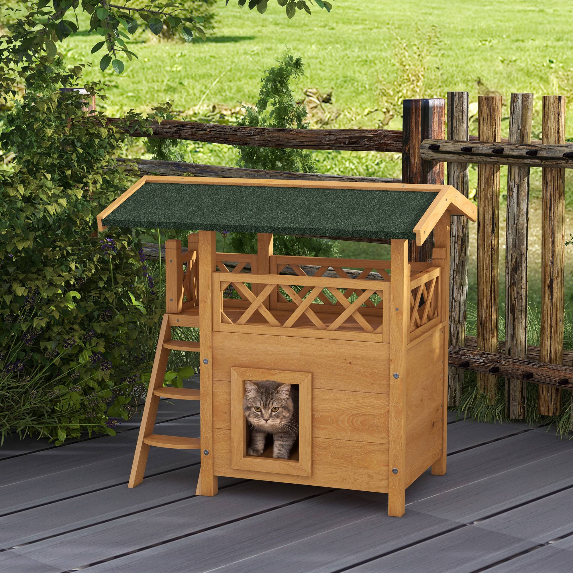 Sans Marque - Cabane Chat Extérieur avec Terrasse, Escalier, Toit, Niche Villa, 77 x 50 x 73 cm Bois Naturel et Vert - Image 3