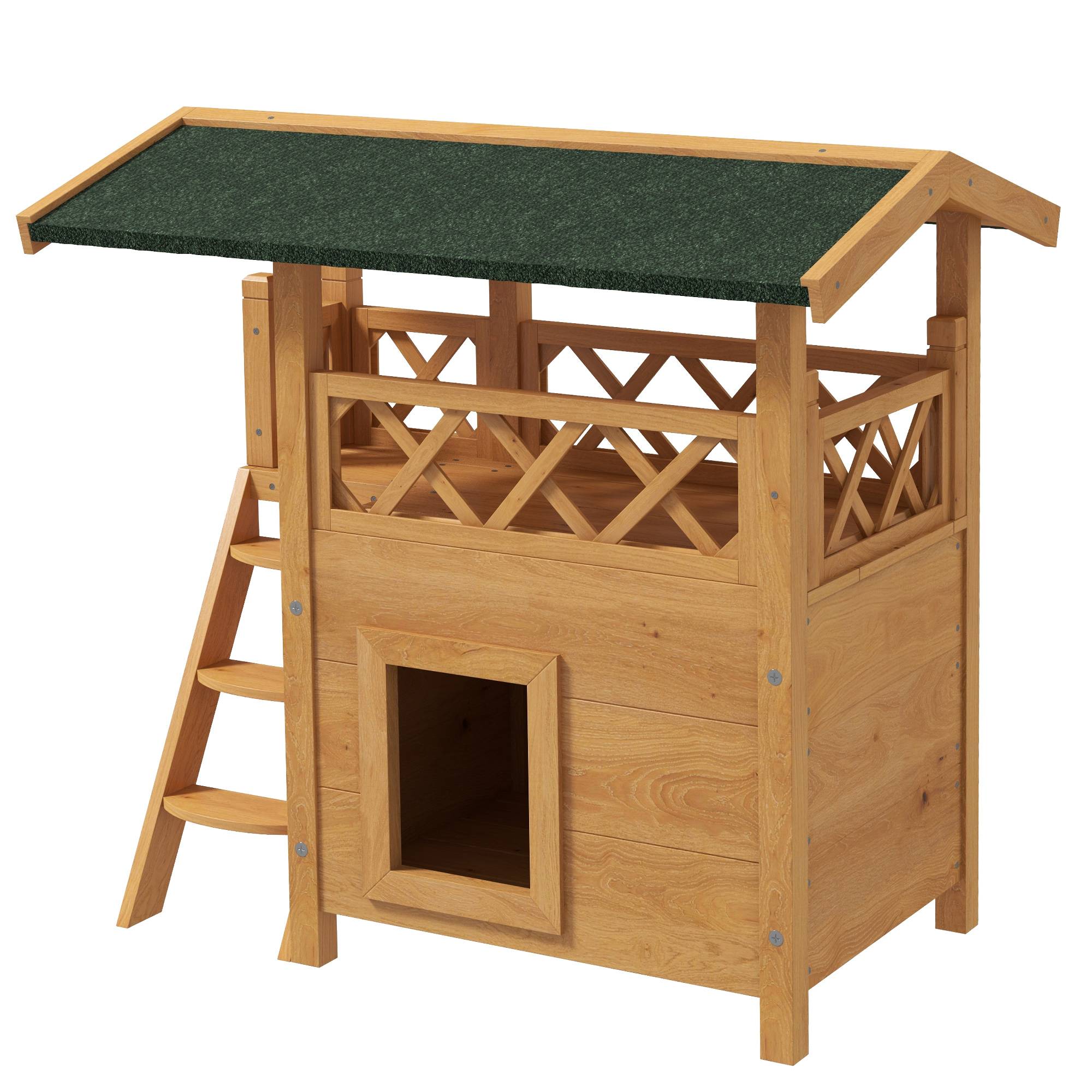 Sans Marque - Cabane Chat Extérieur avec Terrasse, Escalier, Toit, Niche Villa, 77 x 50 x 73 cm Bois Naturel et Vert - Image 2