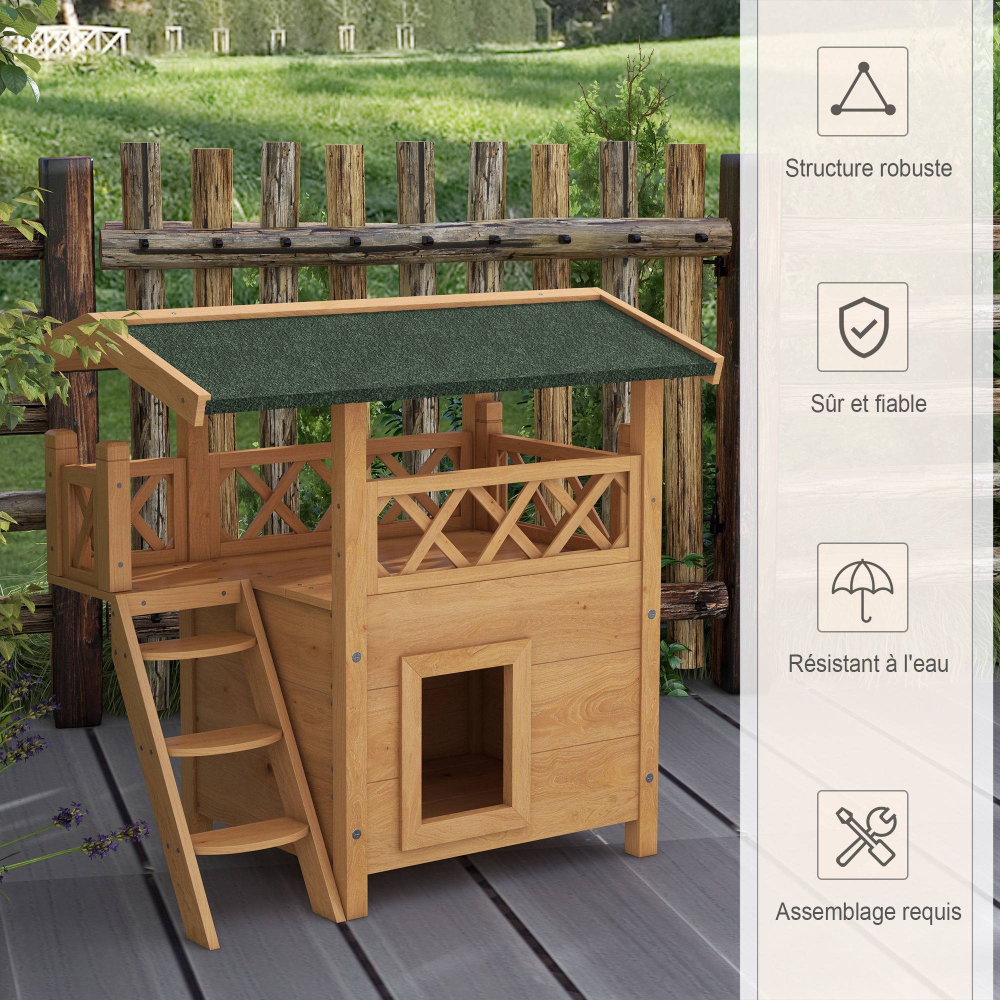 Sans Marque - Cabane Chat Extérieur avec Terrasse, Escalier, Toit, Niche Villa, 77 x 50 x 73 cm Bois Naturel et Vert - Image 8
