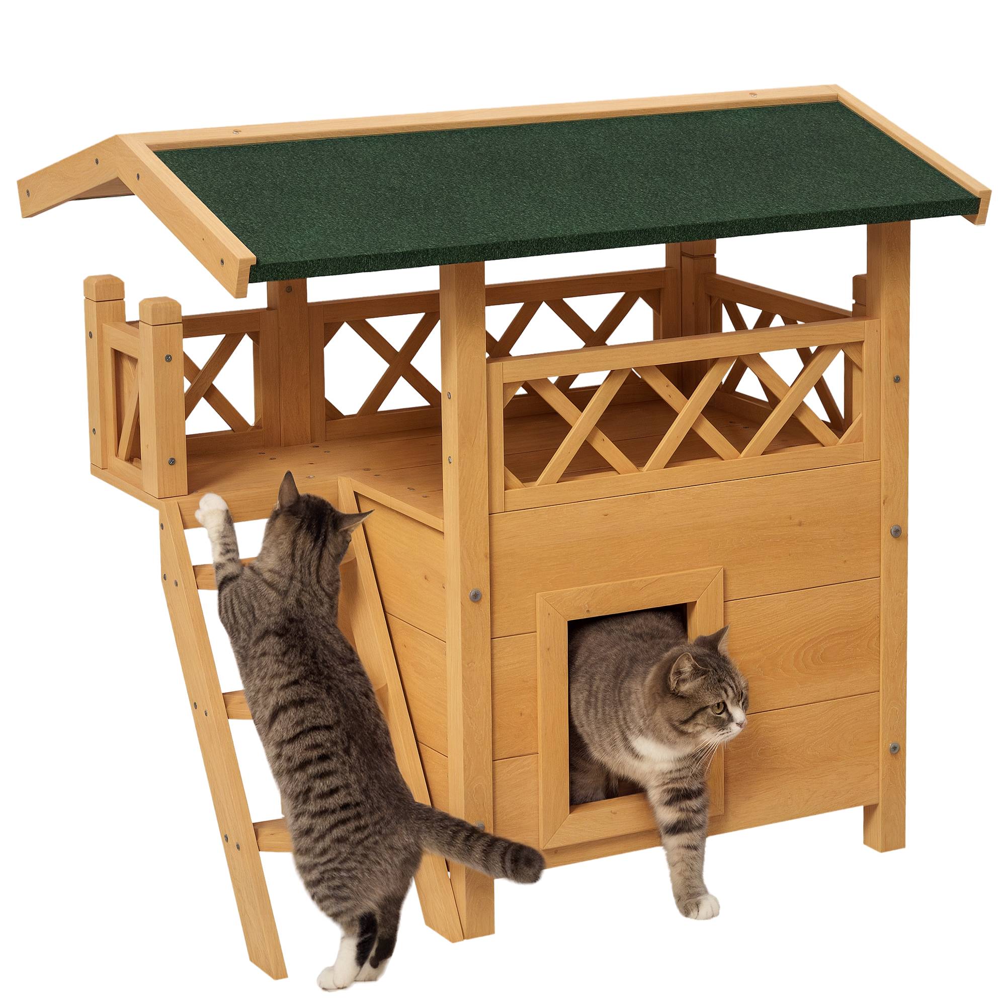 Sans Marque - Cabane Chat Extérieur avec Terrasse, Escalier, Toit, Niche Villa, 77 x 50 x 73 cm Bois Naturel et Vert - Image 1