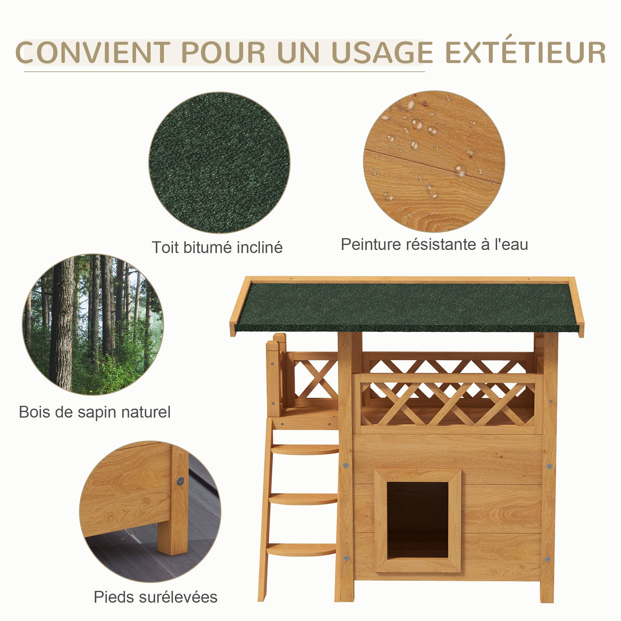 Sans Marque - Cabane Chat Extérieur avec Terrasse, Escalier, Toit, Niche Villa, 77 x 50 x 73 cm Bois Naturel et Vert - Image 7