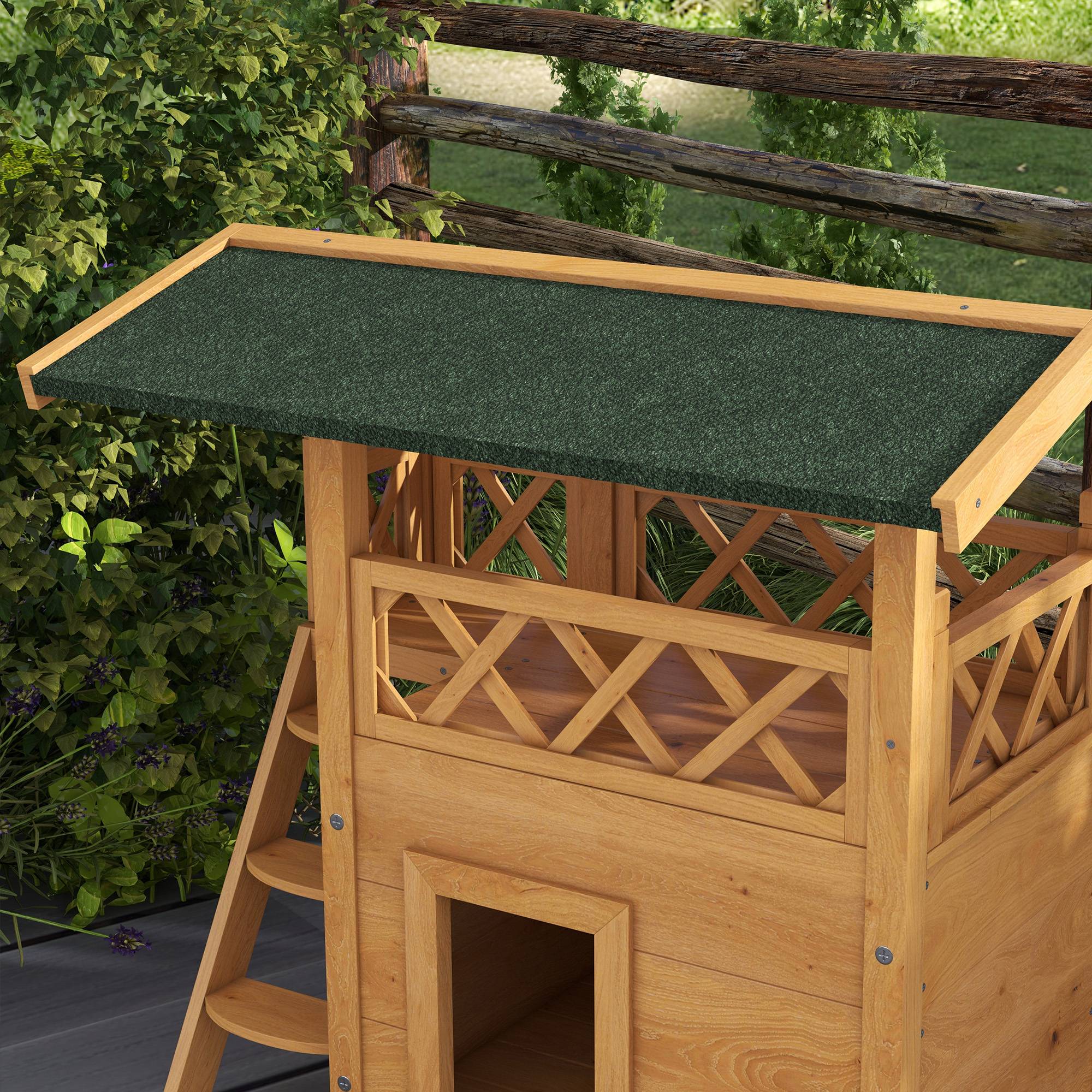 Sans Marque - Cabane Chat Extérieur avec Terrasse, Escalier, Toit, Niche Villa, 77 x 50 x 73 cm Bois Naturel et Vert - Image 9