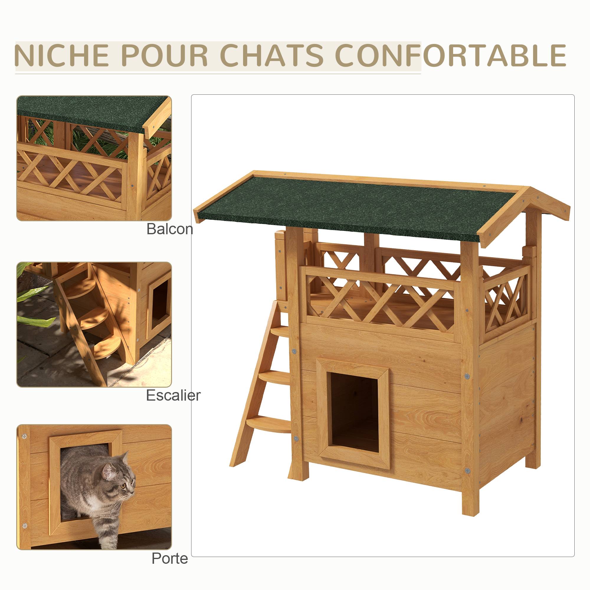 Sans Marque - Cabane Chat Extérieur avec Terrasse, Escalier, Toit, Niche Villa, 77 x 50 x 73 cm Bois Naturel et Vert - Image 6
