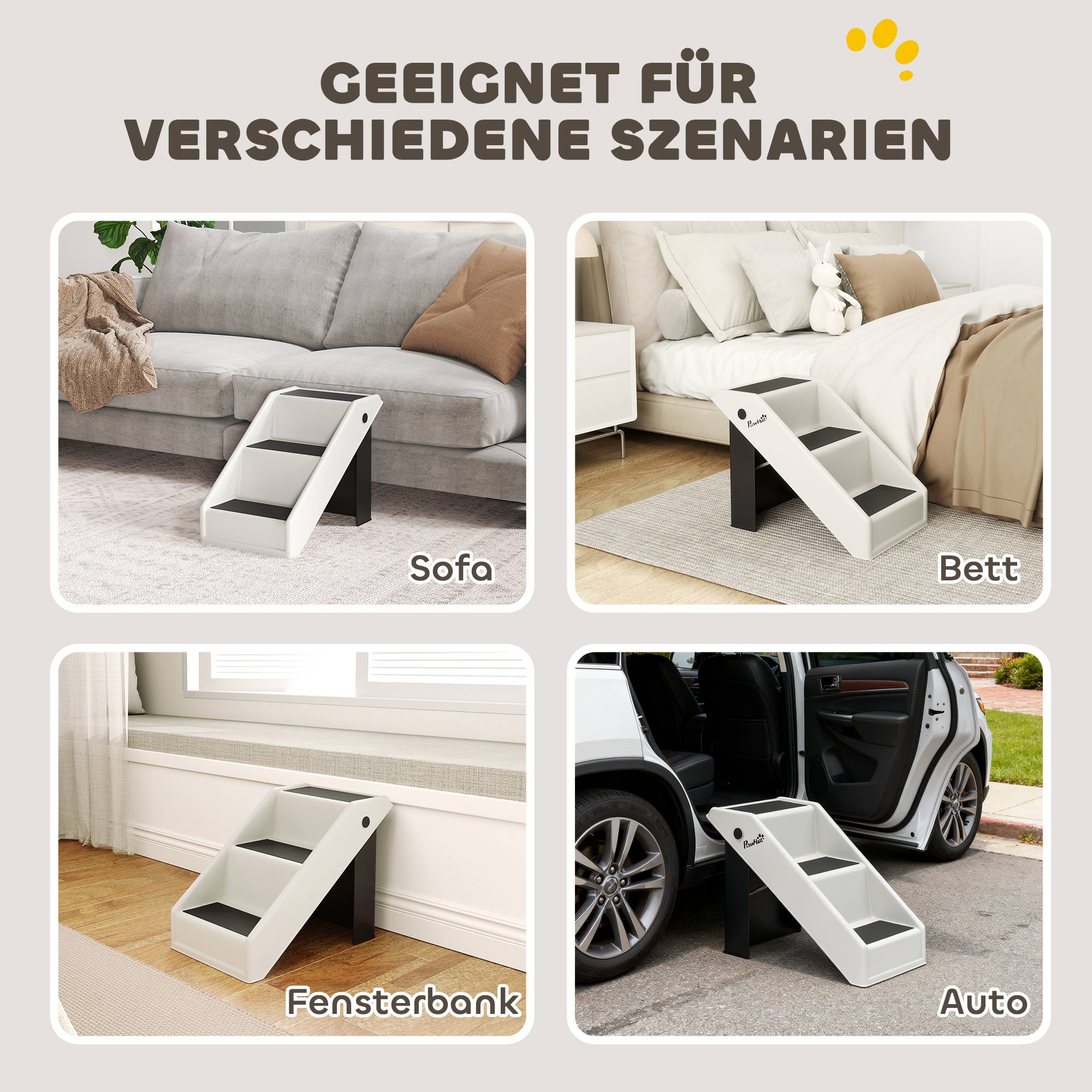 Escalier chien 3 marches 36,5 cm haut, petits chiens, pliable, lit, canapé, voiture, blanc crème - Image 8