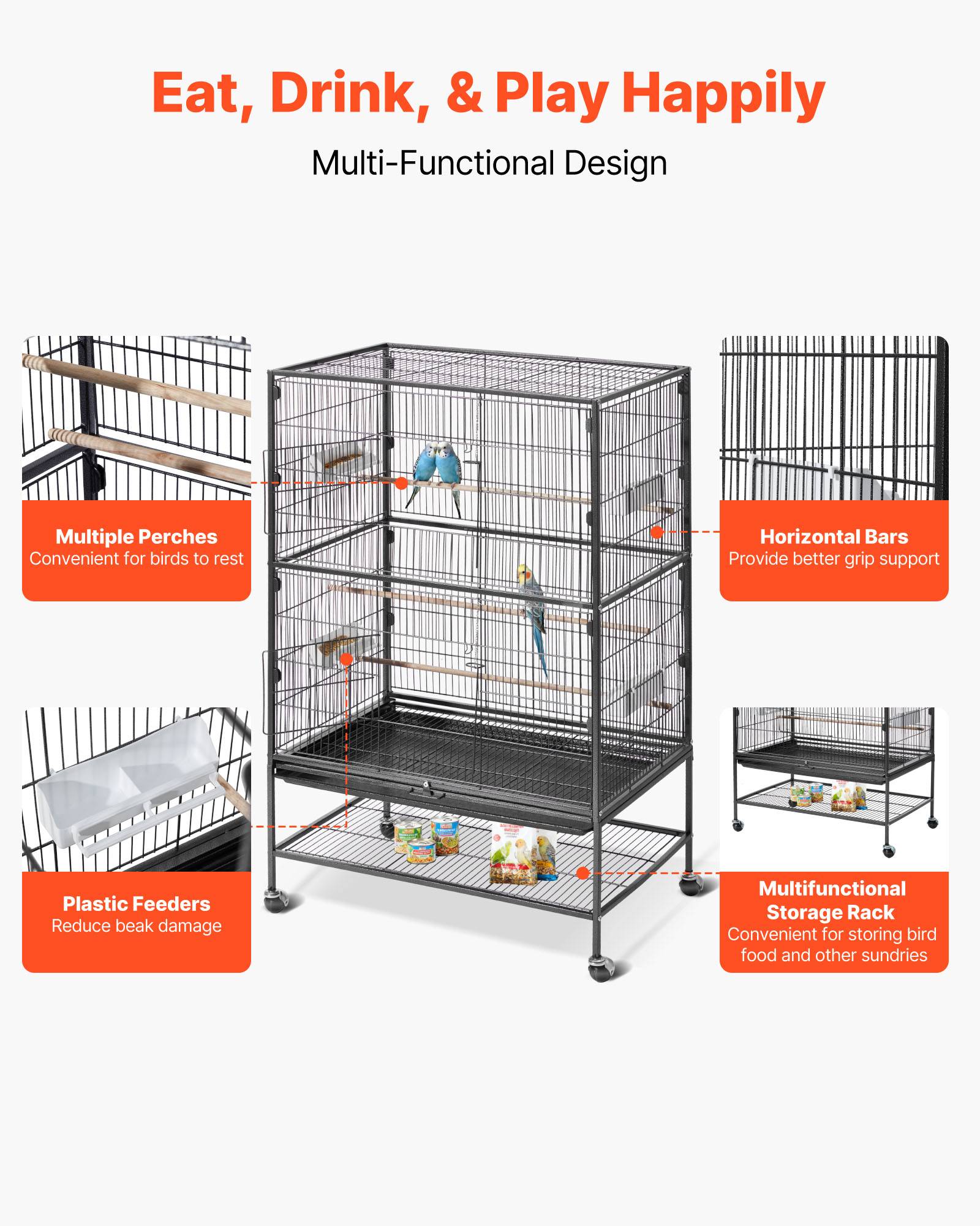 Vevor - VEVOR Cage à Oiseau Volière Oiseaux sur Pied Roulettes 80x52x132 cm Toit Plat - Image 4