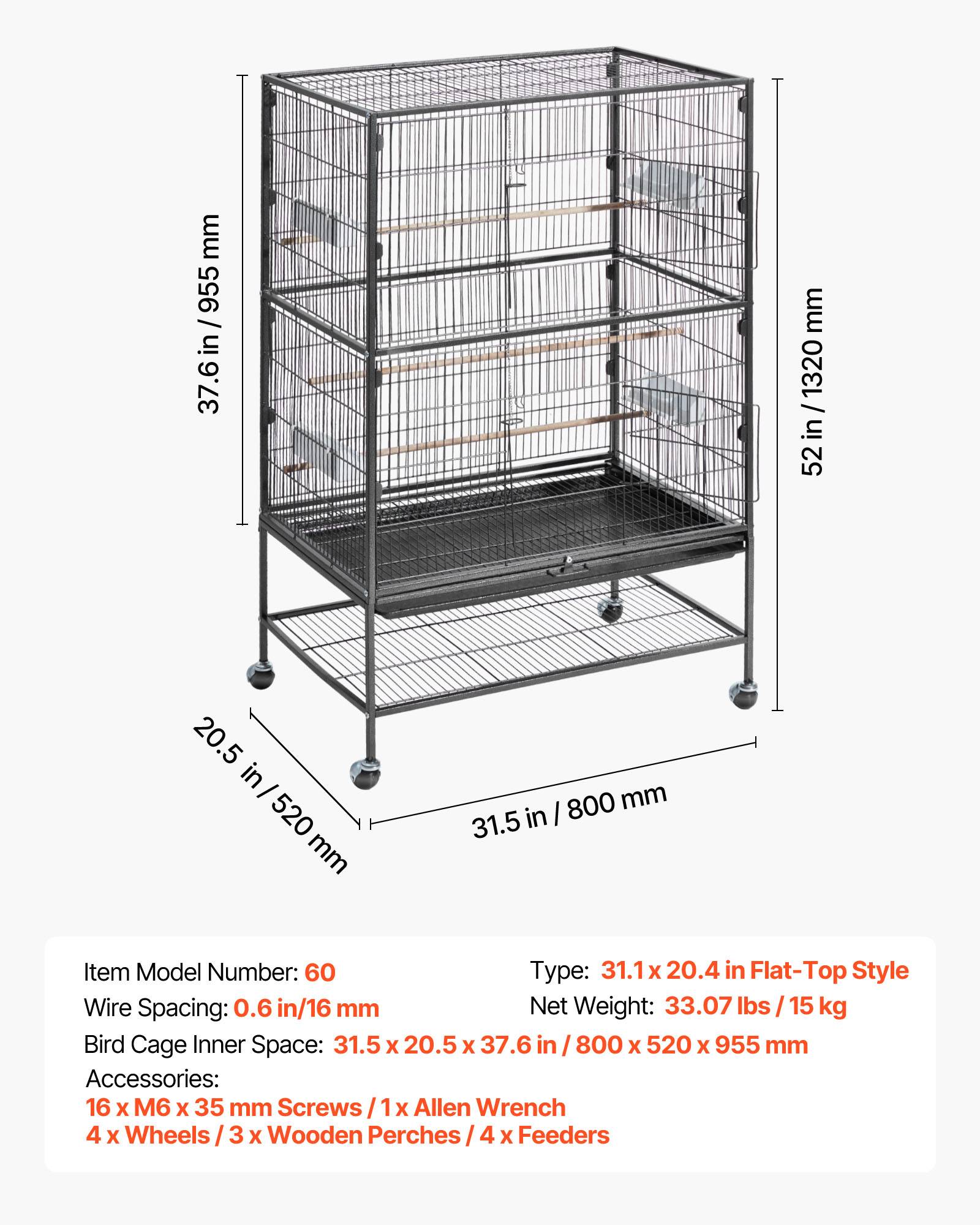 Vevor - VEVOR Cage à Oiseau Volière Oiseaux sur Pied Roulettes 80x52x132 cm Toit Plat - Image 7