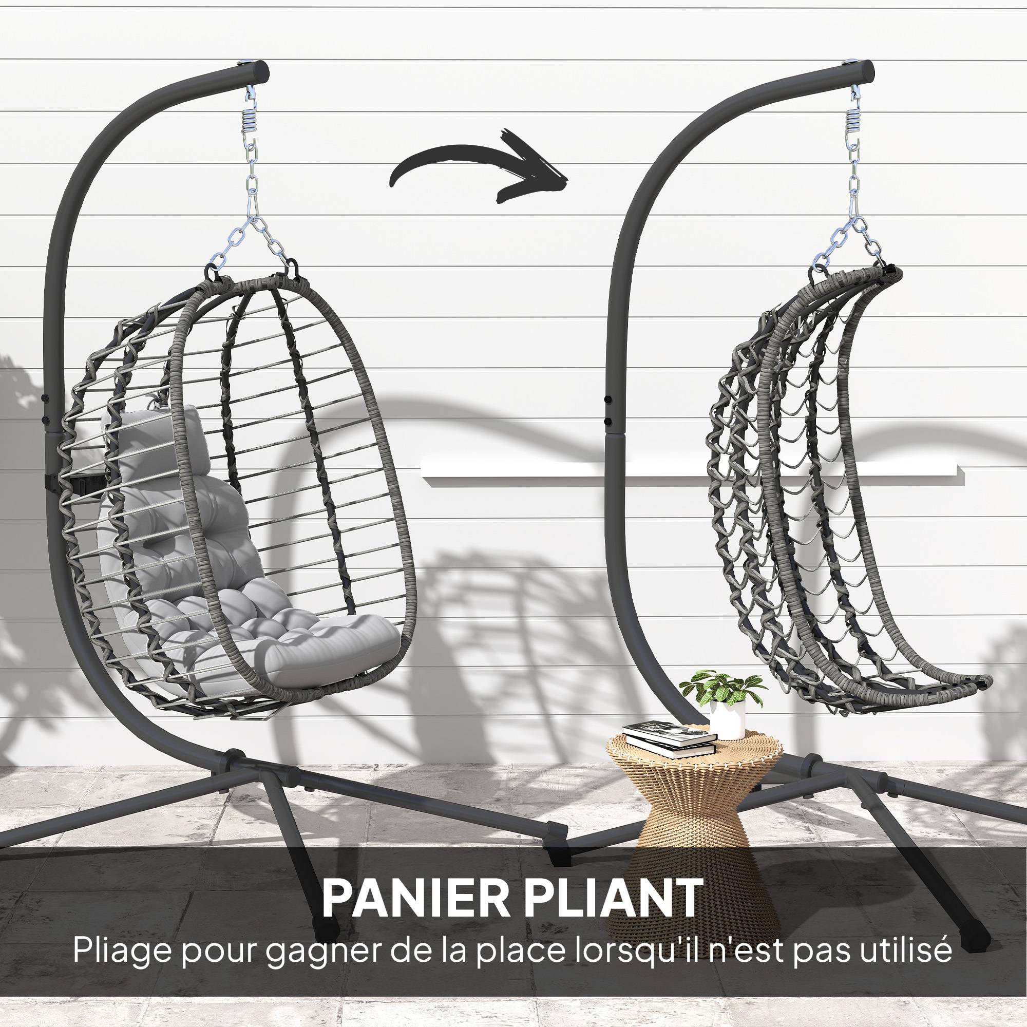 Fauteuil œuf suspendu pliable Résine tressée Intérieur & jardin Hauteur réglable Gris - ComfortXL Outdoor Living - Image 8