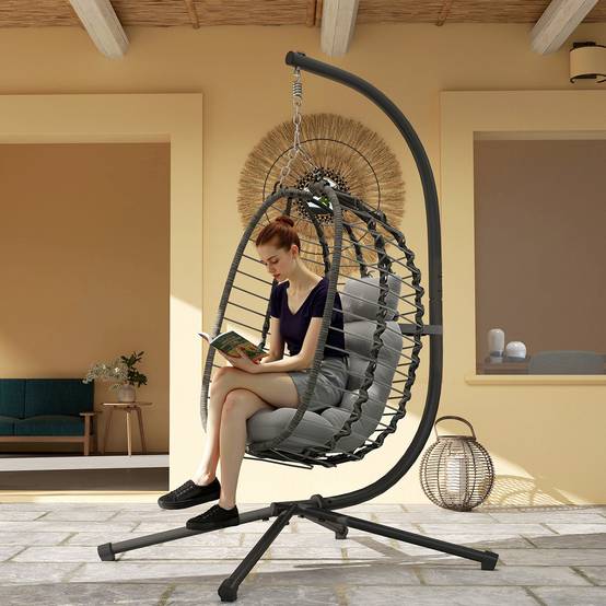 Fauteuil œuf suspendu pliable Résine tressée Intérieur & jardin Hauteur réglable Gris - ComfortXL Outdoor Living - Image 4