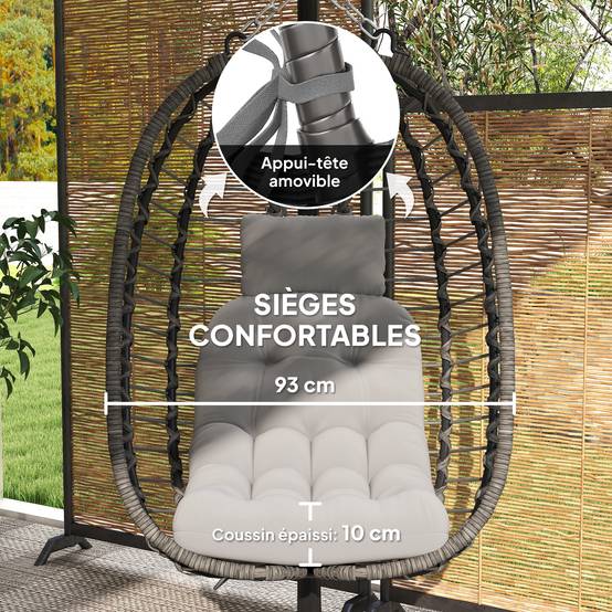 Fauteuil œuf suspendu pliable Résine tressée Intérieur & jardin Hauteur réglable Gris - ComfortXL Outdoor Living - Image 7