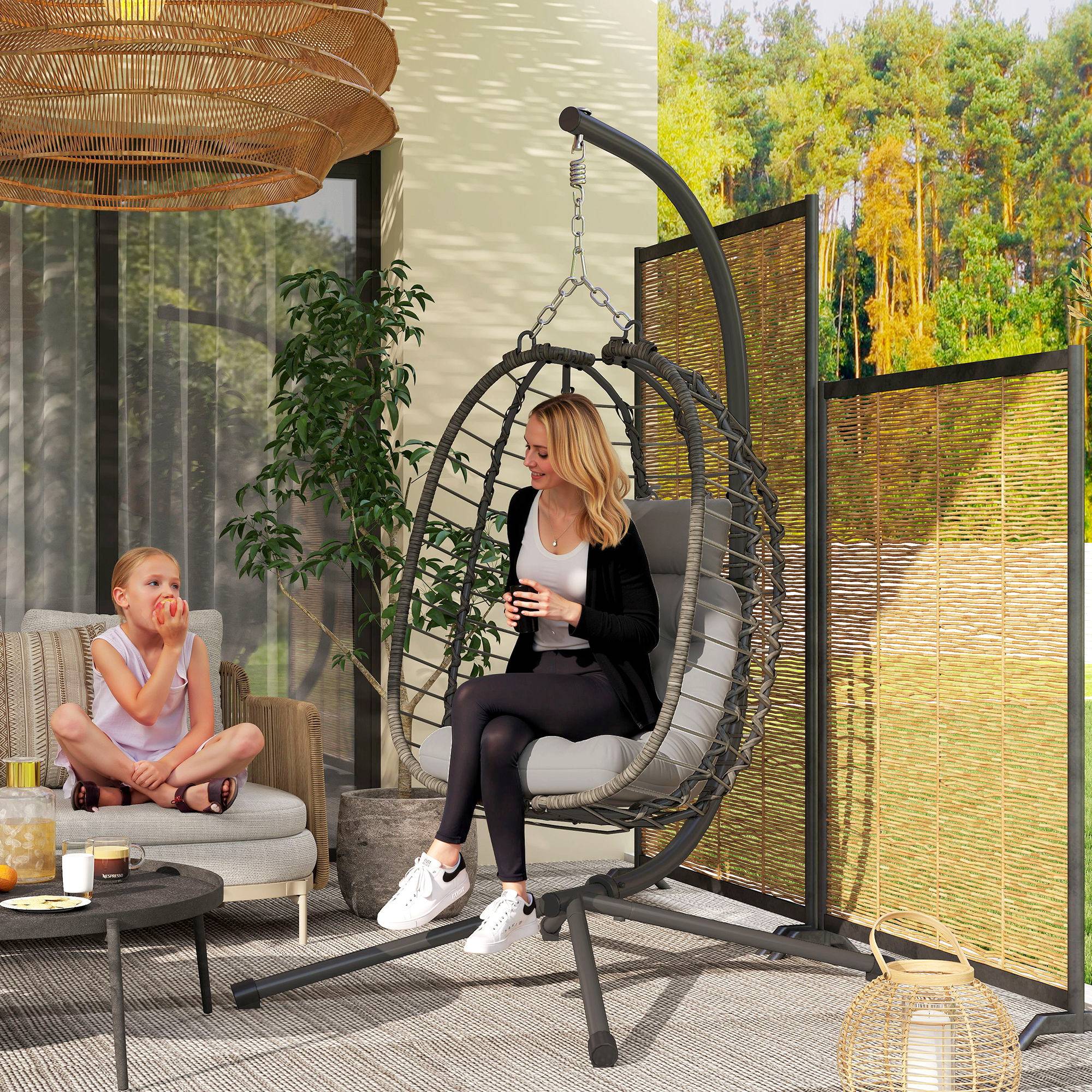 Fauteuil œuf suspendu pliable Résine tressée Intérieur & jardin Hauteur réglable Gris - ComfortXL Outdoor Living - Image 3