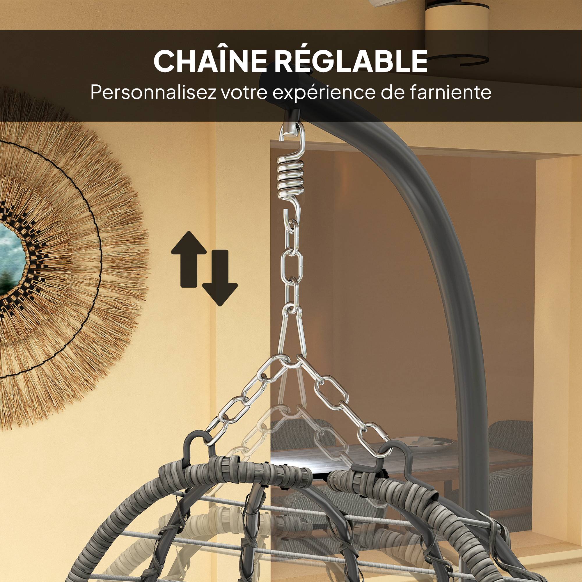 Fauteuil œuf suspendu pliable Résine tressée Intérieur & jardin Hauteur réglable Gris - ComfortXL Outdoor Living - Image 9